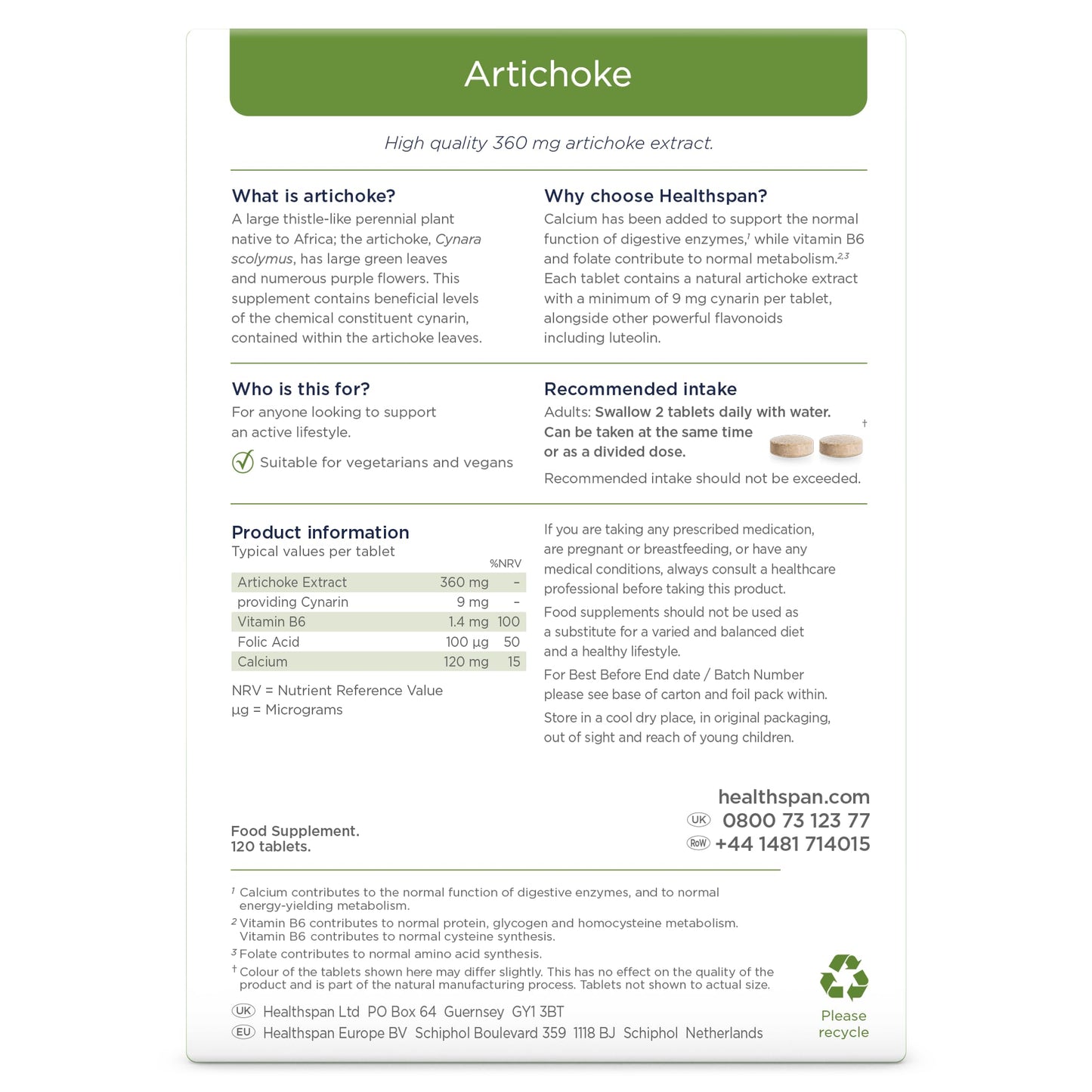 Healthspan Artichoke Extract 360mg (120 Tablets) | Supports Digestion & Liver Health | High Strength Vegan Artichoke Tablets with 7.2mg of Cynarin | with Calcium, Folate & Vitamin B6 | Vegan