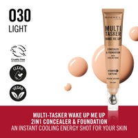 Rimmel Multi-Tasker Wake Me Up Foundation & Concealer 030 Light, Depuffs & Brightens Dark Circles, Metallic Cooling Applicator, Caffeine & Victamin C, 2% Niacinamide, Vegan, Cruelty free