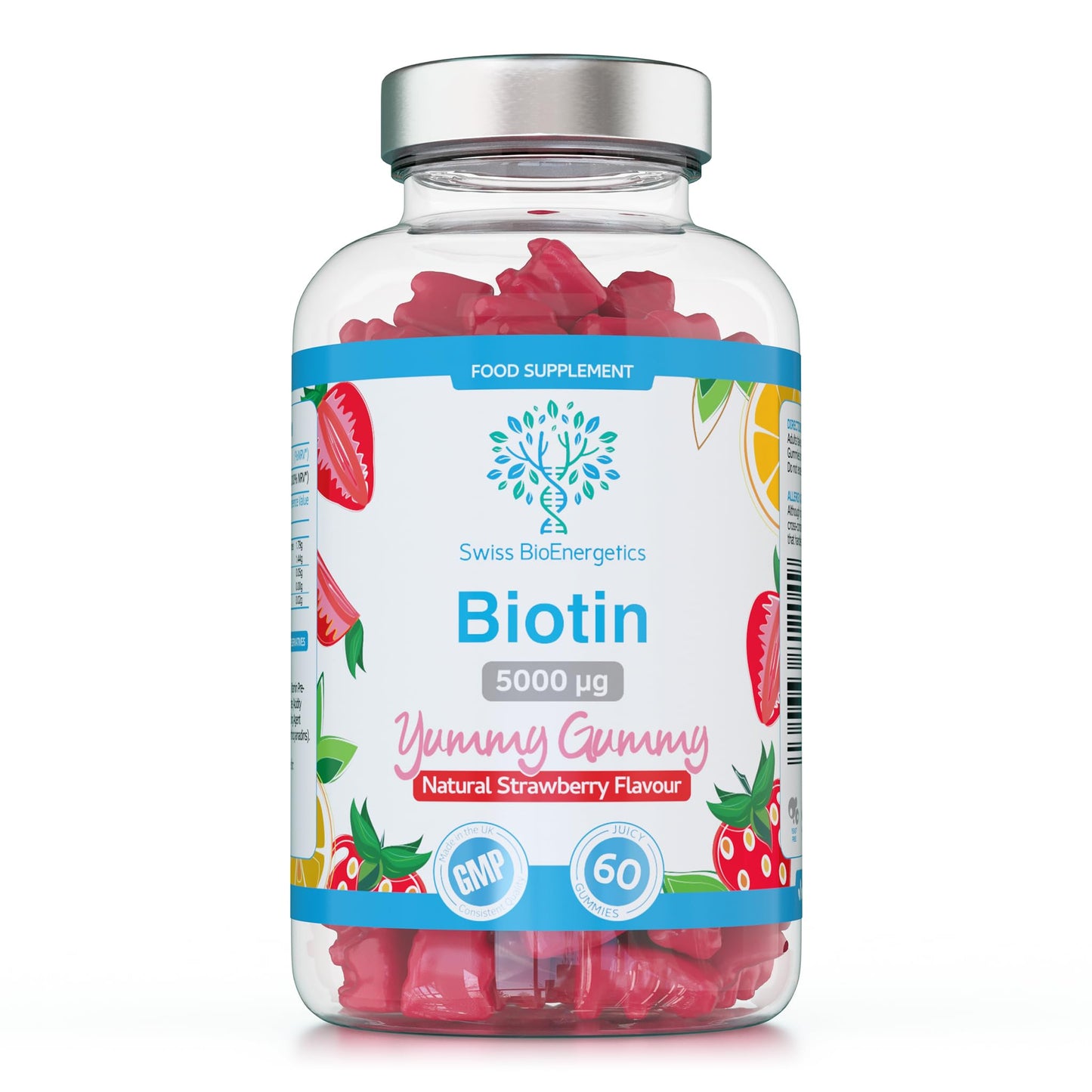 swiss bioenergetics Biotin Gummies 10,000mcg – 60 Vegan Vitamins - Natural Strawberry Flavoured Two Yummy Gummy Daily Dose - Supports Normal Skin & Hair Growth - Chewable - No Artificial Sweeteners – UK Made