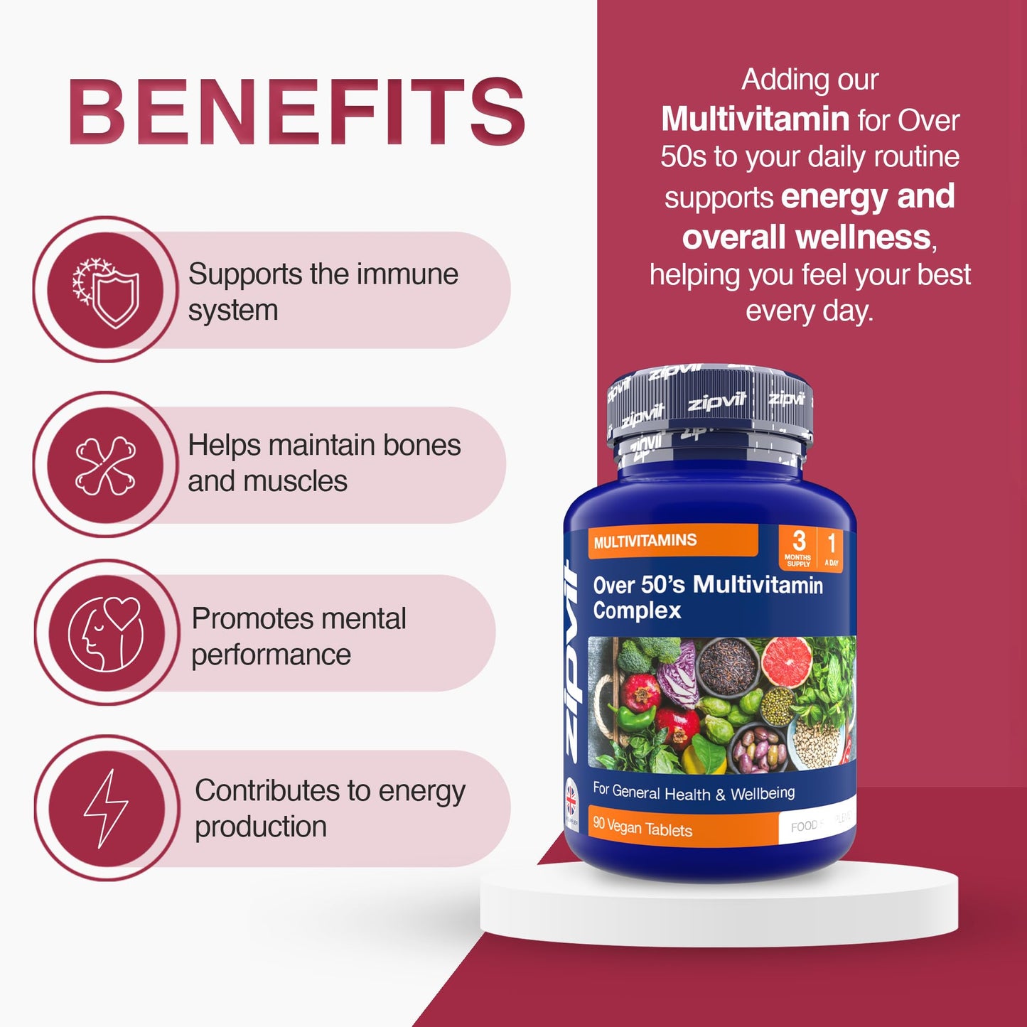 Zipvit Multivitamin Advanced 50 Plus Active Formula for Women & Men - 90 Vegan Tablets. Supports Bone Health and Your Immune System. 3 Months Supply