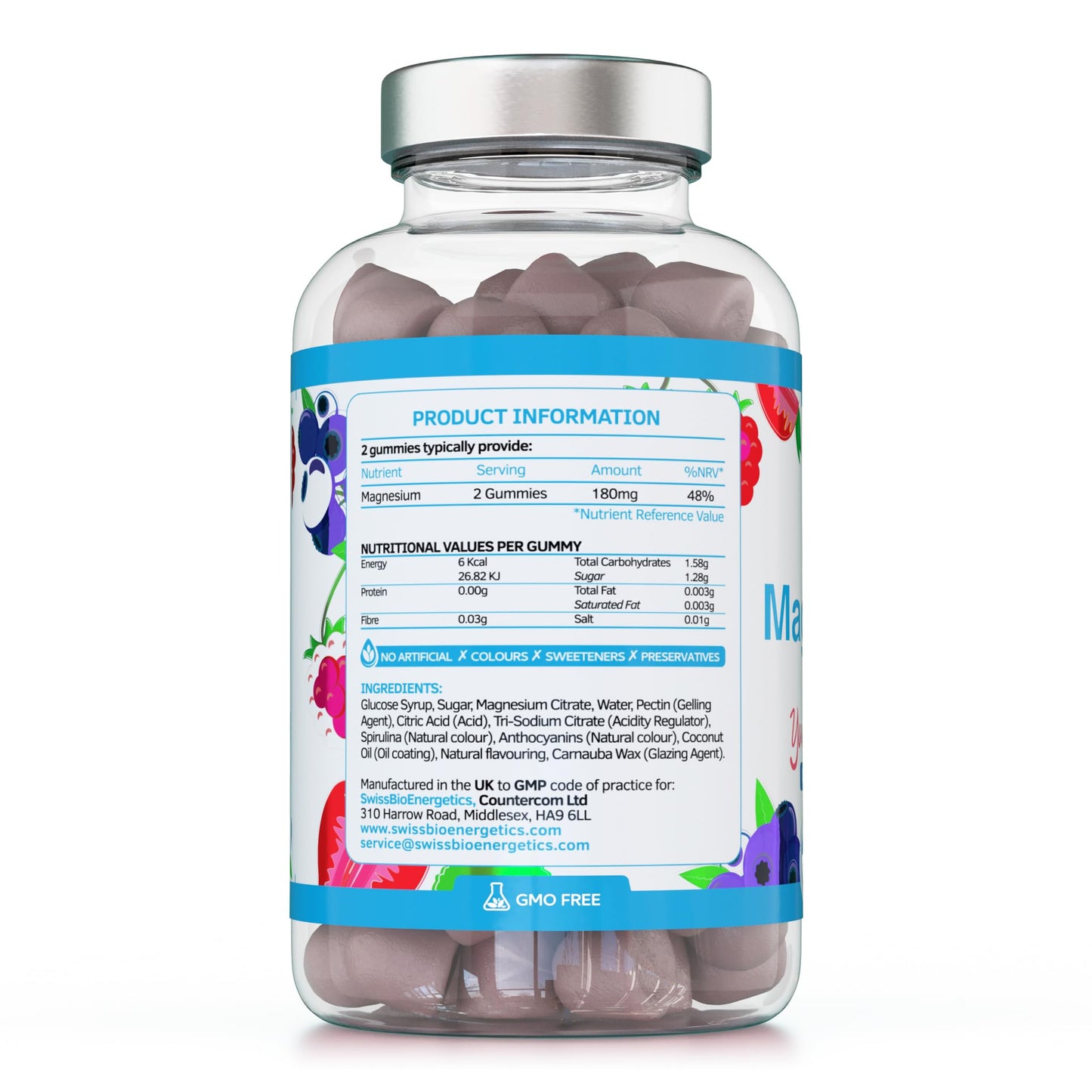 swiss bioenergetics Magnesium Gummies, Providing 180mg Daily dose of Elemental Magnesium from Citrate - 60 Natural Berry Flavour Chewable Yummy Gummies for Better Sleep, Muscle and Nerve Support - UK Made