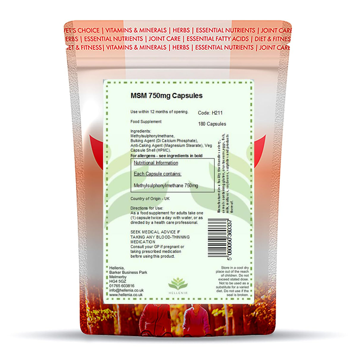 Hellenia MSM Capsules Using Branded OptiMSM - 180 Capsules | 100% Pure Methyl Sulphonyl Methane | The Purest, Most Researched MSM, No Additives & Non-GMO | Suitable for Vegans