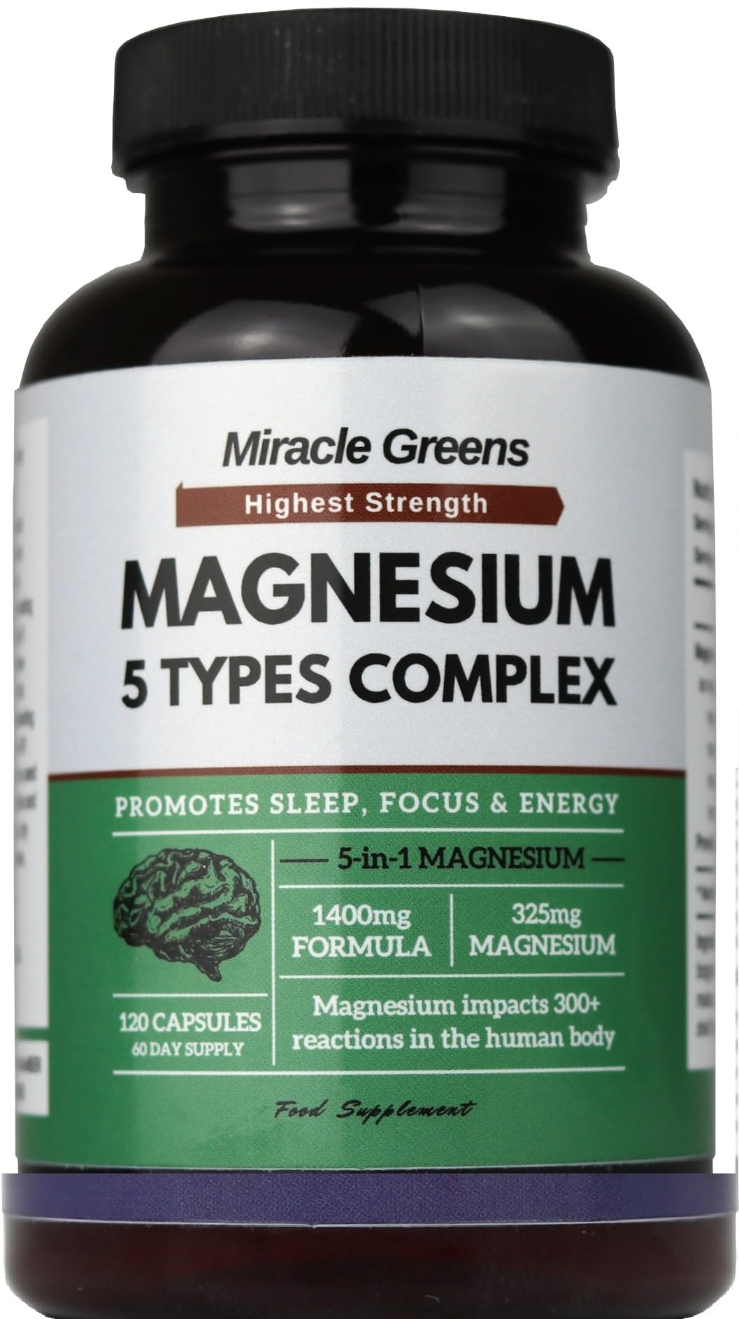 Macro Greens 5 in 1 Magnesium Complex – Glycinate, Citrate, Lactate, Malate & Taurate – 1400mg Formula Providing 325mg of Elemental Magnesium – for Sleep, Energy, and Muscles – 120 Capsules, Made in The UK