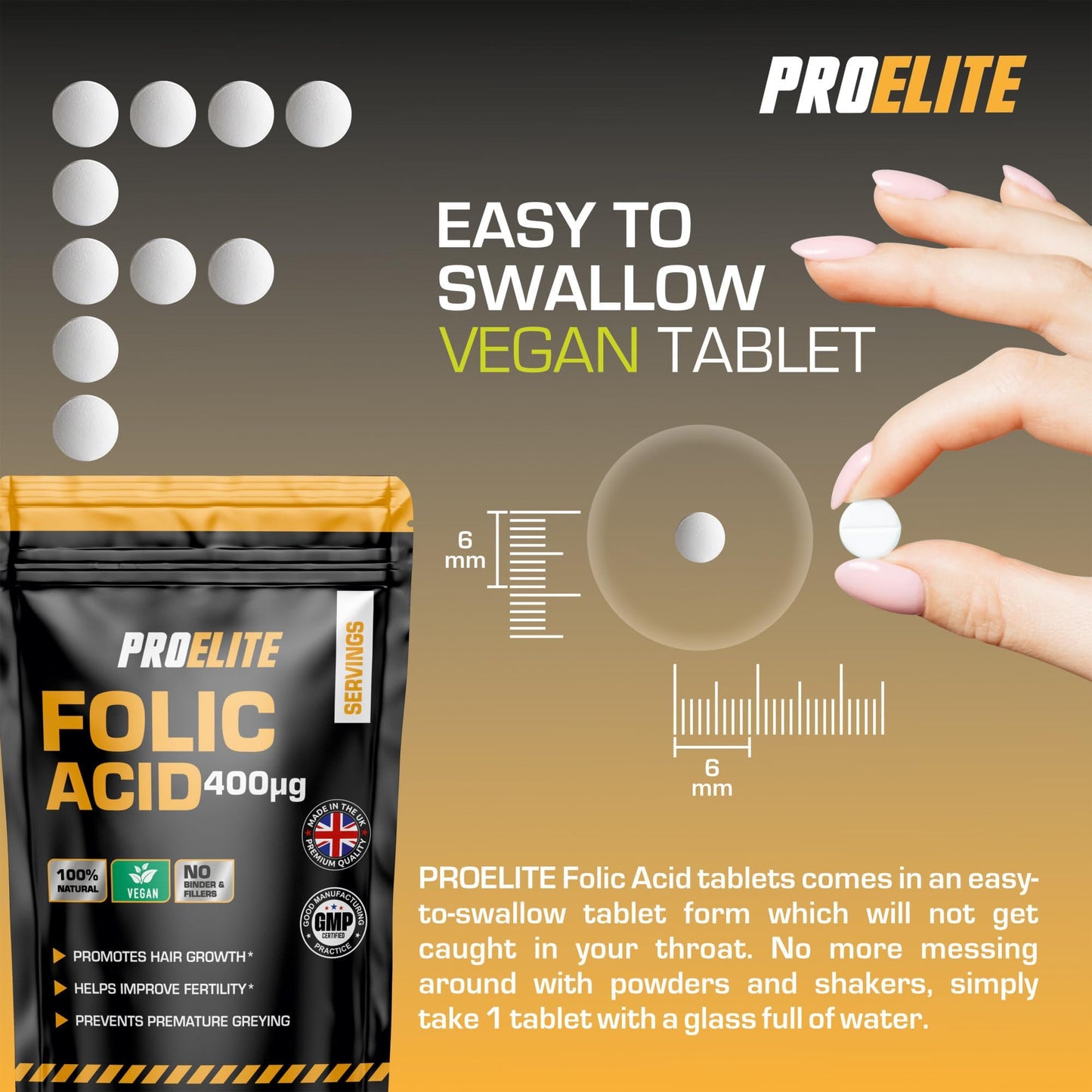 Folic Acid Tablets 400 mcg - 120 Vegan Vitamin B9 Tablets Folic Acid 400ug Pregnancy Care - Normal Function of Immune System and Reduce Tiredness and Fatigue - Made in The UK by PROELITE