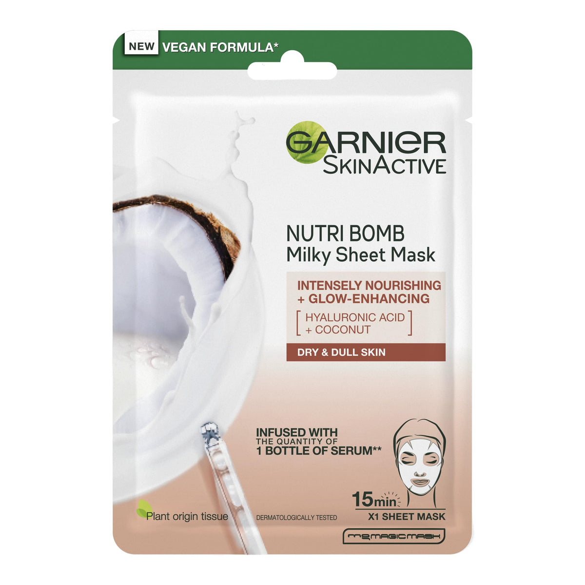 Garnier Nutri Bomb Milky Sheet Face Mask, With Coconut and Hyaluronic Acid for Hydrated Glowing Skin, Intensely Nourishing & Restoring, Cruelty Free & Vegan Tissue Mask, 28g