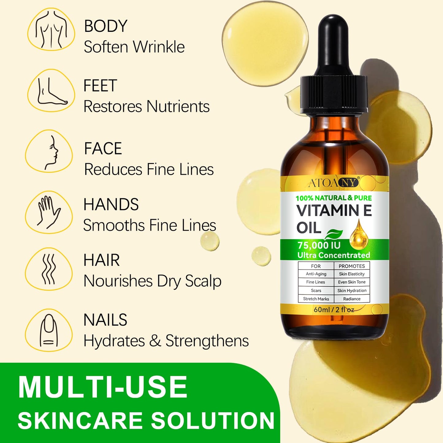 Vitamin E Oil for Skin and Face, Pure Vitamin E Hair Oil, Natural Nourishing Body Oil for Deep Hydration, Anti-Aging and Firming Skin, Anti-Drying, Reducing Fine Lines - 60ml