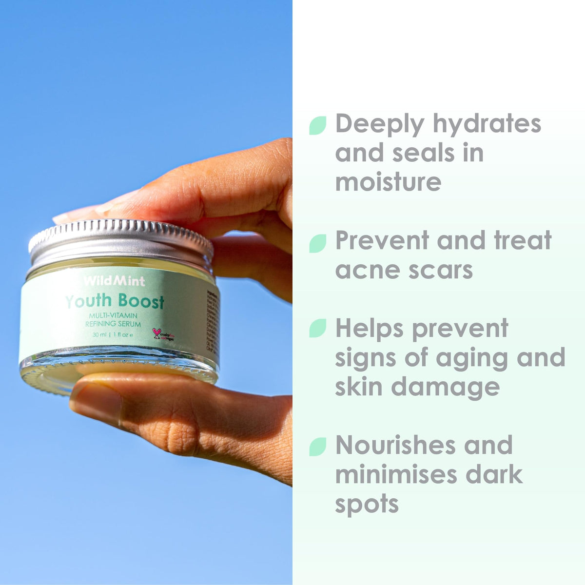 WildMint Youth Boost Natural Face Serum | Hydrating Anti-Aging Serum for Sensitive, Dry, Mature & Menopause Skin | Hyaluronic Acid & Vitamin C | UK Made Vegan & Cruelty-Free Skincare | 30ml