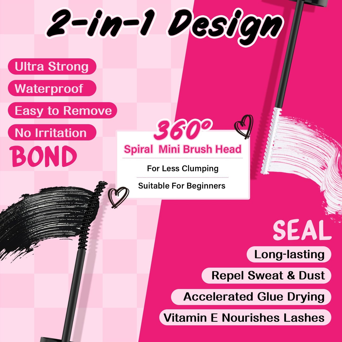 PRO Lash Bond and Seal Cluster Lash Glue & Seal Waterproof Bond and Seal Cluster Lash Glue for DIY Eyelash Extensions Waterproof Strong Hold for 48 Hours（5ml+5ml, Black Bond & Clear Seal)