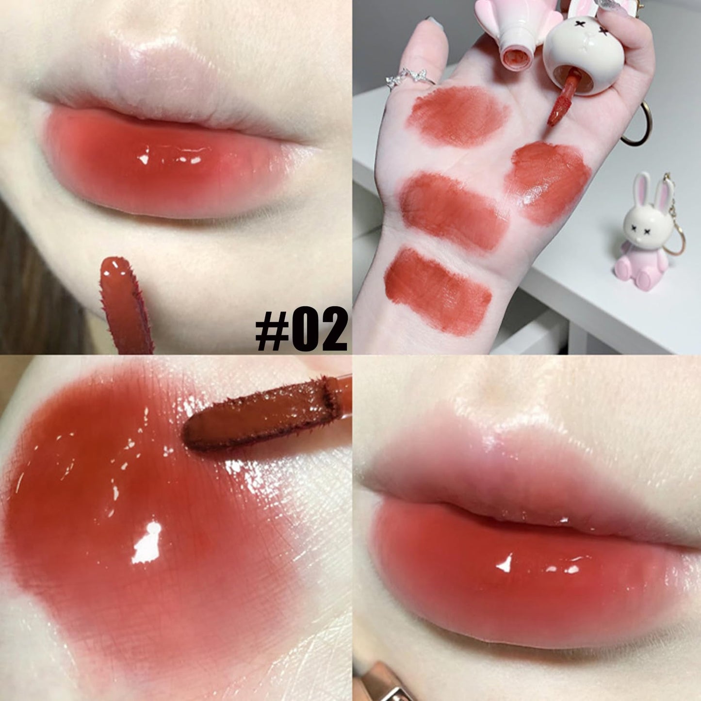 Bekoeen 3Psc Rabbit Lip Gloss Keyring,Moisturising Sparkling Jelly Lip Gloss,Crystal Lip Tint Korean Chinese Makeup, Hydrating Sweet Lip Glaze Set,Cute Lipgloss Set For Girls