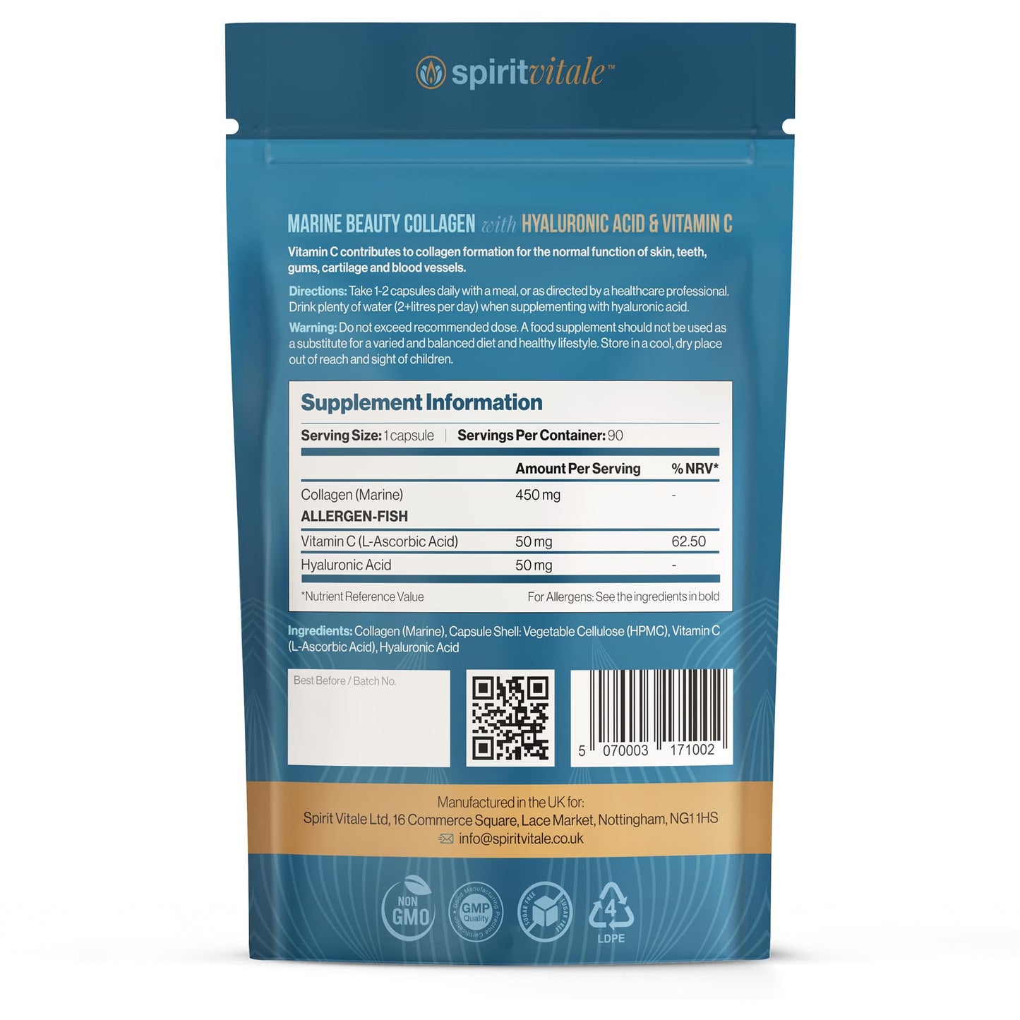 Spirit Vitale Marine Beauty Collagen with Hyaluronic Acid and Vitamin C (90 Capsules)