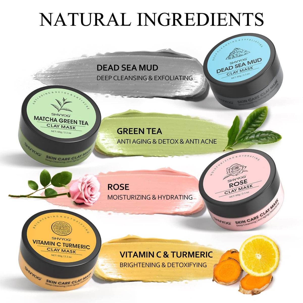 SHVYOG Clay Face Mask Kit, Vitamin C Clay Mask with Turmeric, Dead Sea Mud, Green Tea, Rose, Skin Care Facial Mask for Deep Cleansing, Controlling Oil and Refining Pores & Mask Brush(240g in Total)
