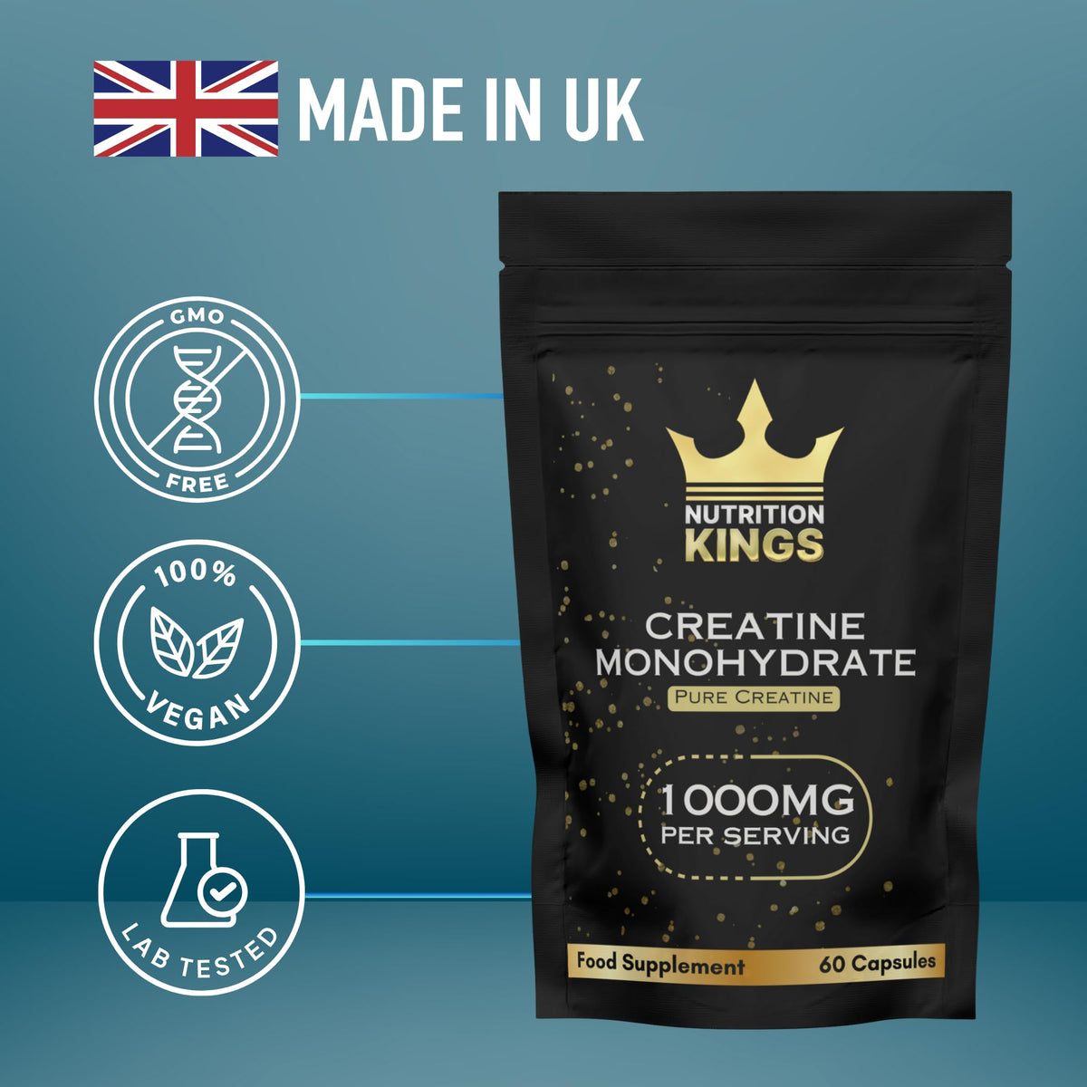 Nutrition Kings Creatine Monohydrate 1000mg – 60 Vegan Capsules – Muscle Growth, Strength, Endurance, Workout Recovery – Vegan Supplement