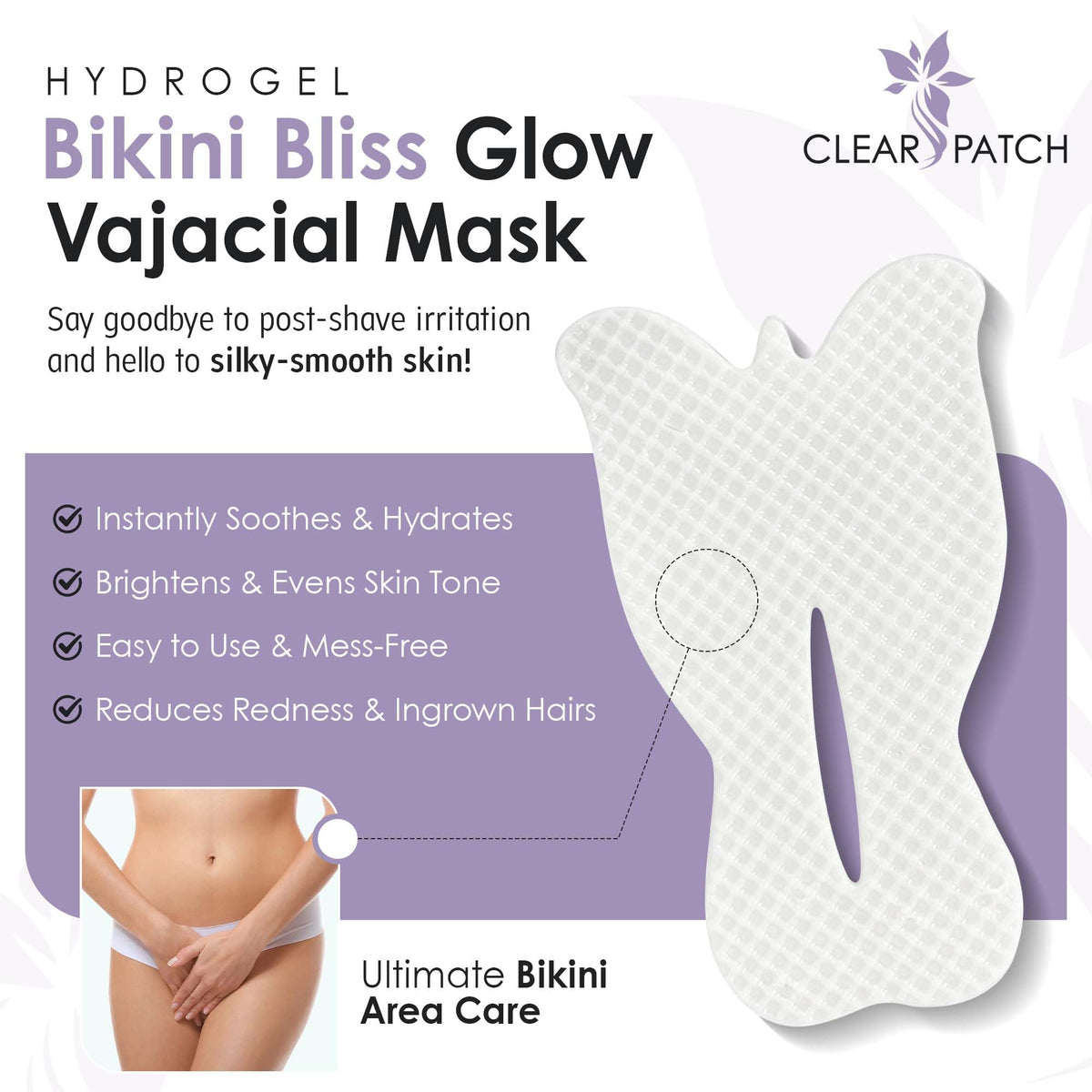 Clear Patch Bikini Bliss Glow Vajacial Butterfly Mask Hydrating & Soothing Hydrogel Mask for Bikini Area Post-Shaving & Waxing Care Infused with Hyaluronic Acid & Aloe Vera for Soft Skin (Pack of 1)