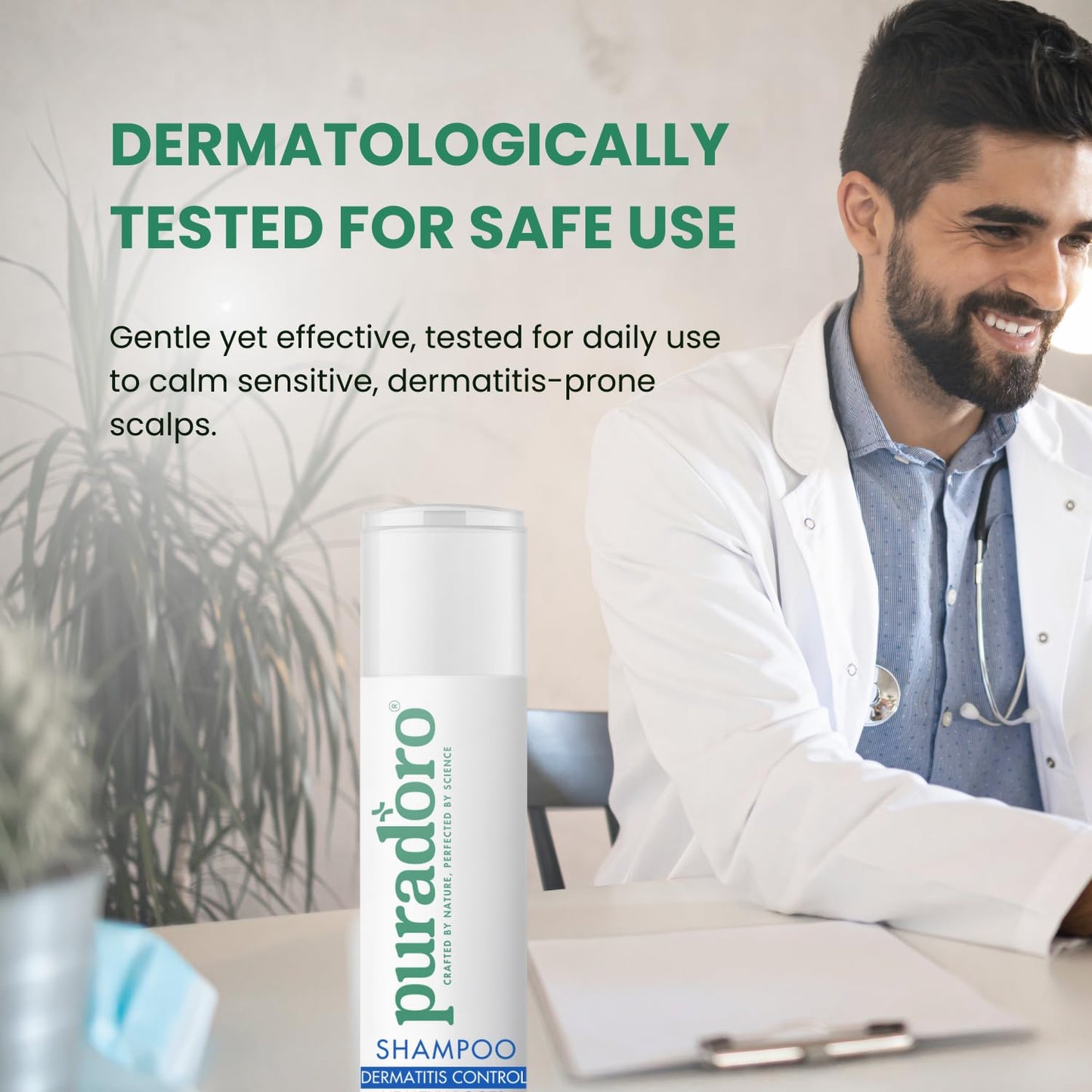 Puradoro Dermatitis Control & Healthy Roots Shampoo – Soothes Seborrheic Dermatitis, Reduces Sebum, Infused with Tea Tree, Jojoba & Chamomile, Natural Scalp Relief For Men & Women