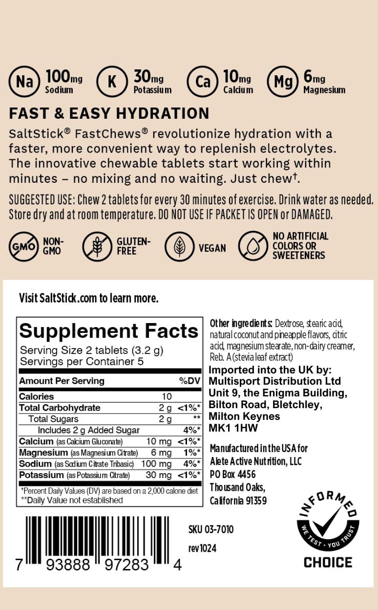 SaltStick Electrolyte FastChews Chewable Tablets | 1 Pack of 10 Tablets - Coconut Pineapple