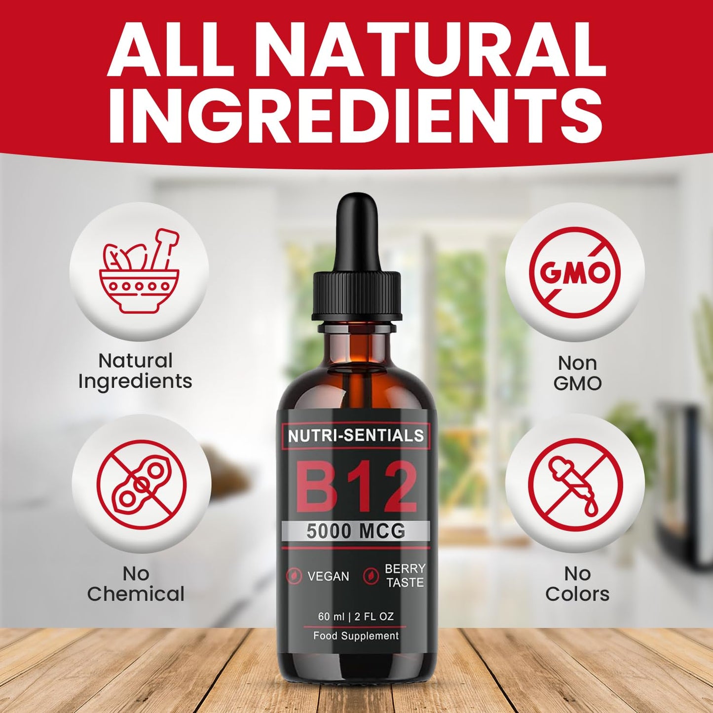 Nutri-Sentials Vitamin B-12 Liquid Drops - 5000 mcg Methylcobalamin High Strength Supplement, for Increasing Metabolism, Immunity, Energy and Improving Concentration & Mood - Vegan Berries Flavour, 60ml