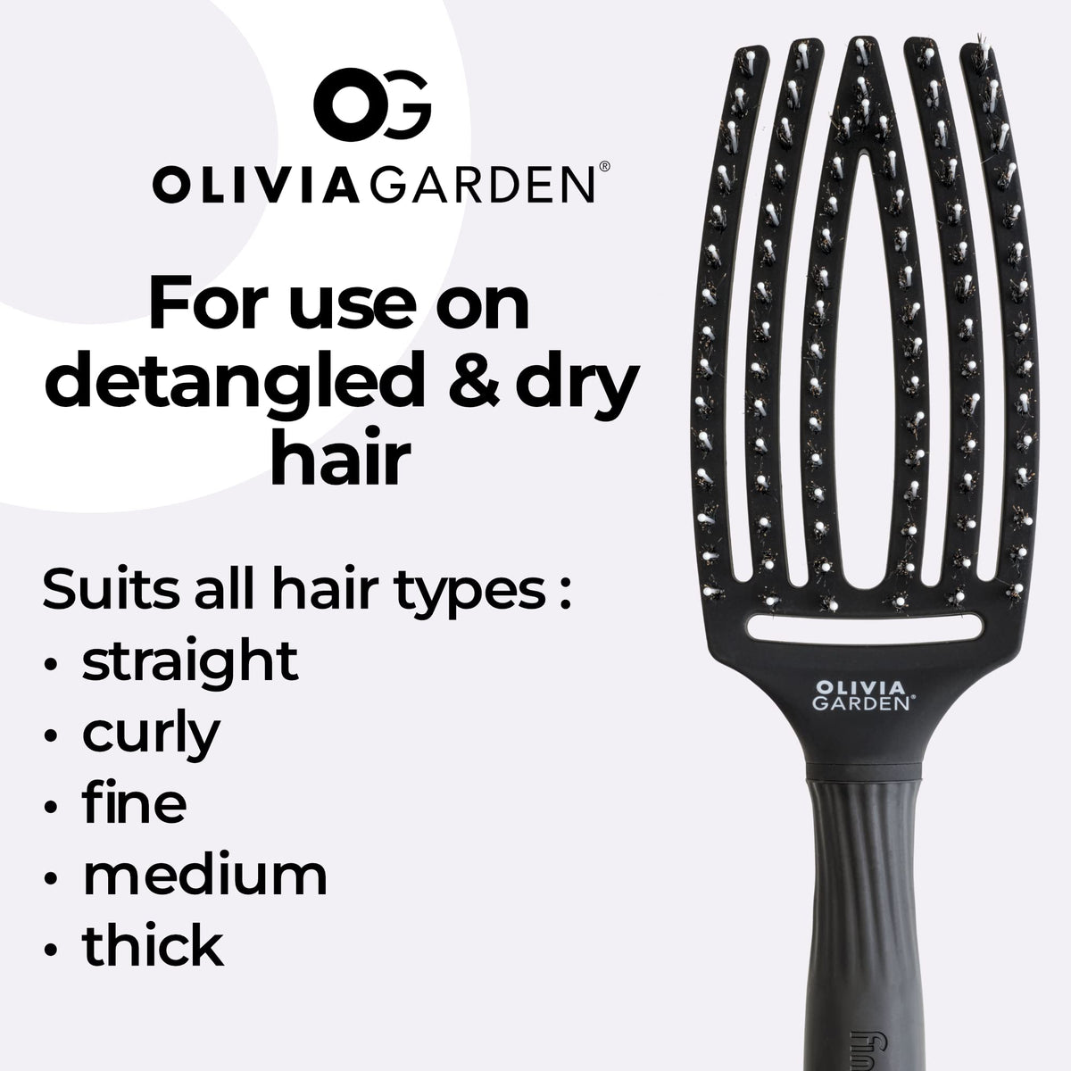 Olivia Garden Fingerbrush Combo Medium - Styling Hair Brush for Dry & Detangled Medium Hair - Curved Head Scalp Massage - Boar & Nylon Bristles for Natural Shine - Fine, Medium & Thick Hair - Black