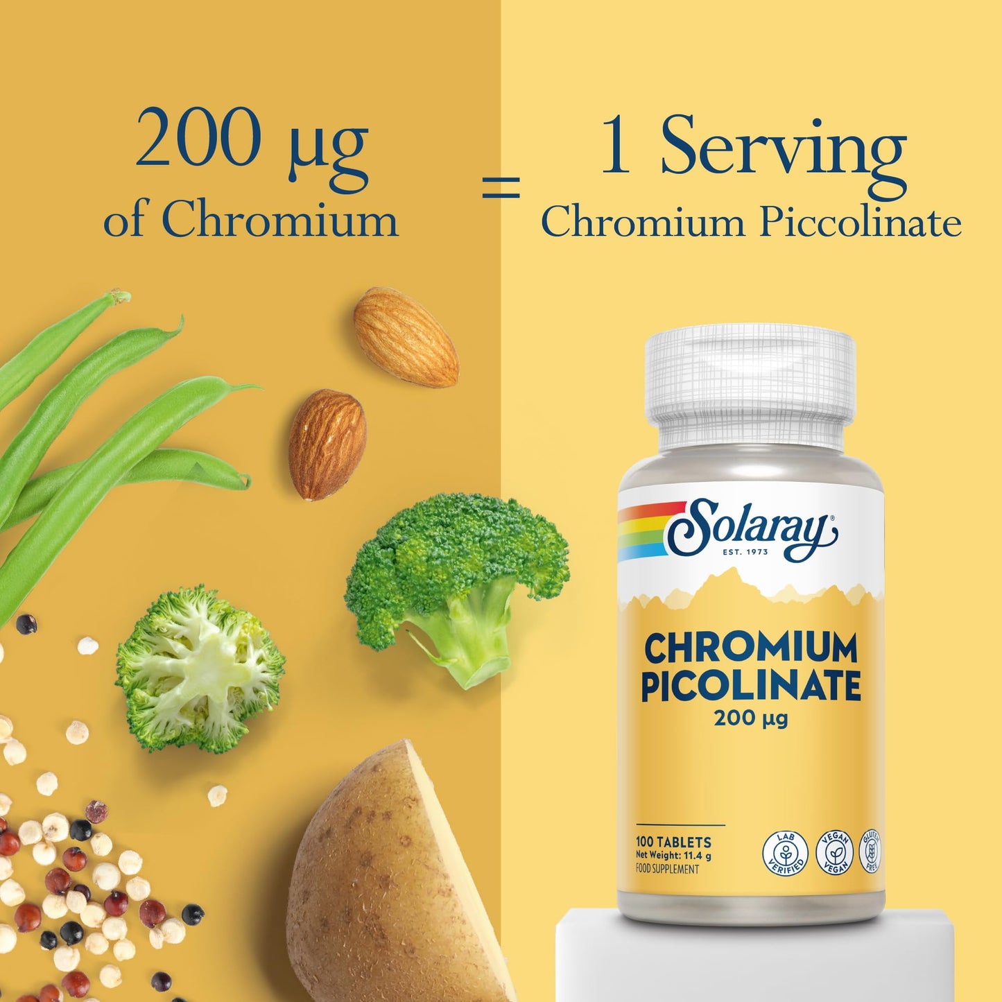 SOLARAY Chromium Picolinate 200mcg - 100 Vegan Capsules - High Absorption Rate Chromium Supplement - Lab Verified - Solaray