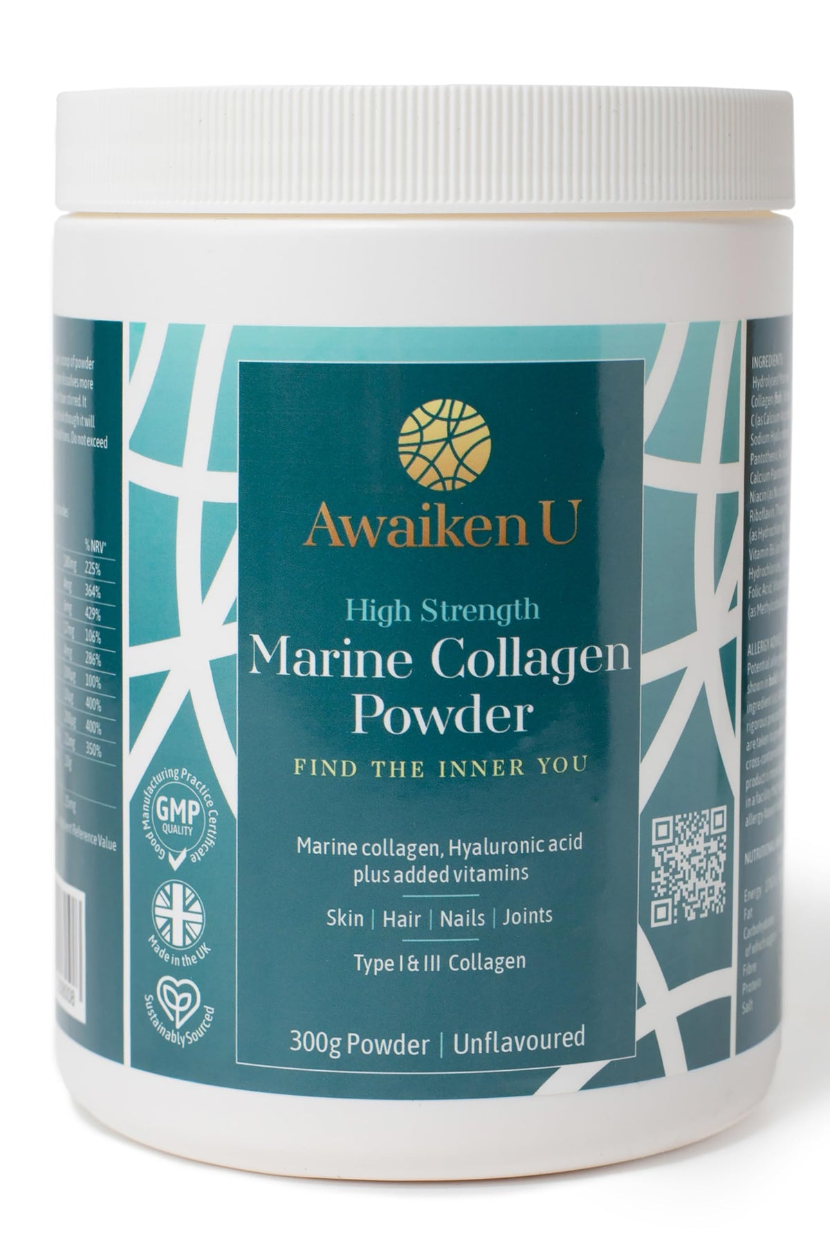 High Strength Marine Collagen Powder with Hyaluronic Acid–Unflavoured Hydrolysed Collagen Peptides Type 1 & 3 Biotin, VIT C & B Complex –10g per Scoop-300g- UK Made- AwaikenU