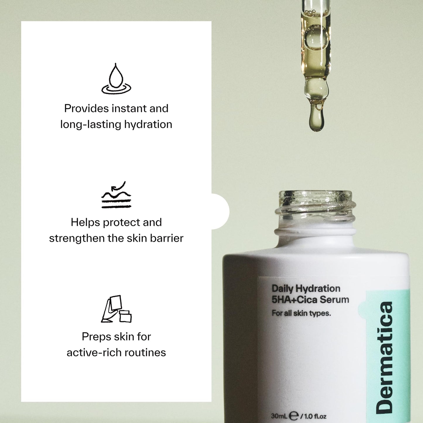 Dermatica Daily Hydration 5HA+Cica Serum – Lightweight Face Serum with 5 Types of Hyaluronic Acid, Cica & Niacinamide for Deep Hydration, Barrier Support & Plumper-Looking Skin