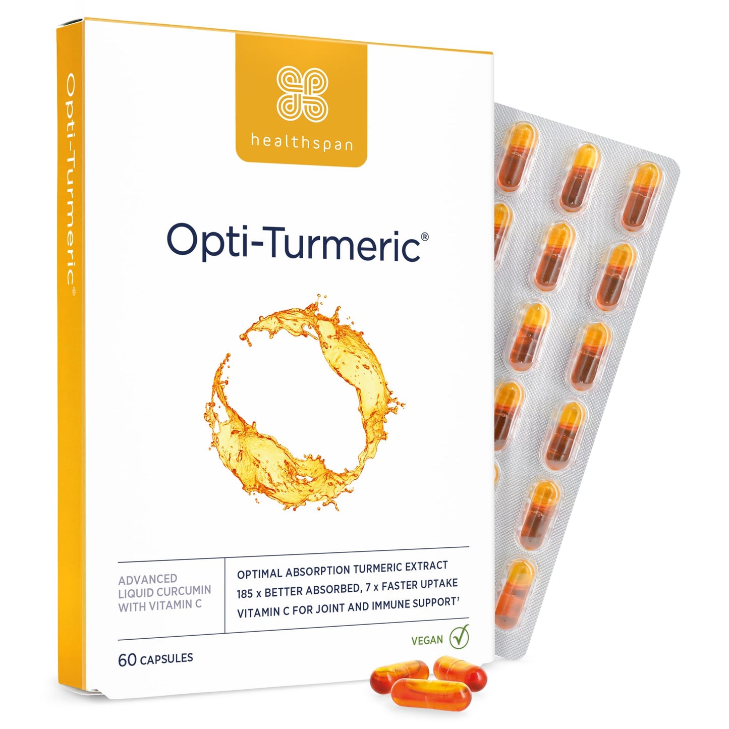 healthspan Healthspan Opti-Turmeric | High Strength 500mg Liquid Curcumin | Supports Cartilage Formation | Immune Health | 185 Times Better Absorbed & 7 Times Faster Acting Than Standard Turmeric (60 Capsules)