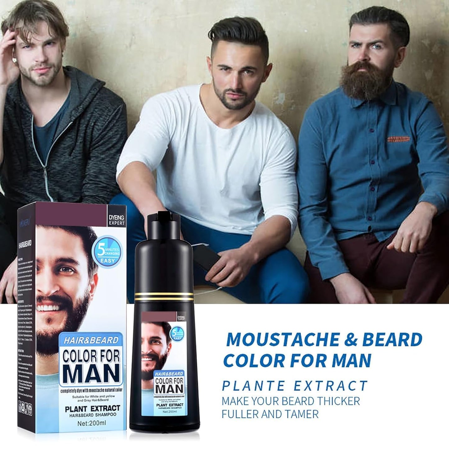 JRTTOSSE Men's beard and moustache hair dye for grey hair to dark brown, men's moustache hair dye, dark brown in 5 minutes, easy to use, dark brown moustache hair dye and hair colour shampoo, 200 ml.