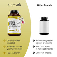 Nutravita Organic Lions Mane Mushroom 1500mg - 120 High Strength Vegan Capsules (Not Powder) - Lions Mane Supplement with Organic Black Pepper - Made in The UK