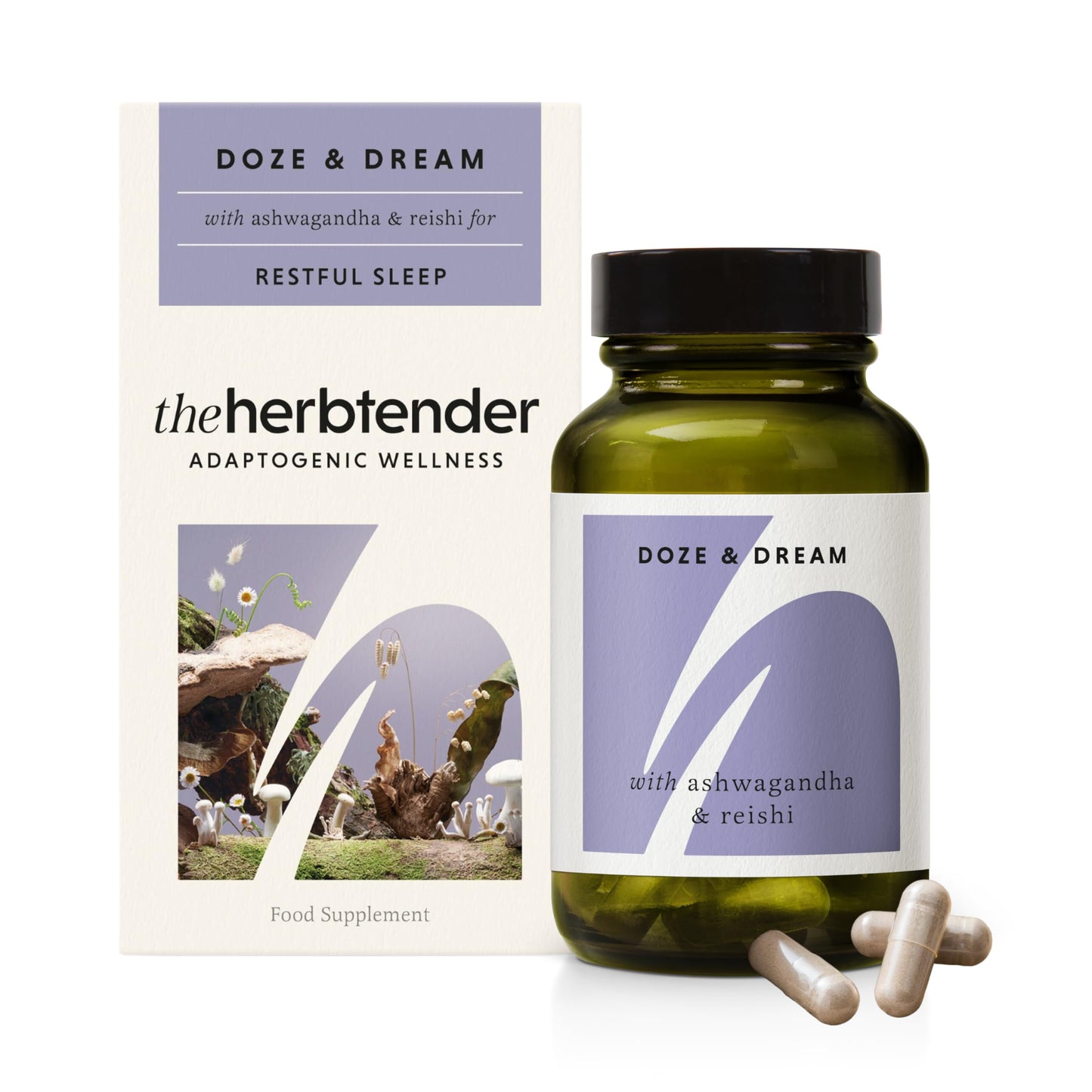 The Herbtender THE HERBTENDER, Doze & Dream - Vegan Adaptogenic Wellness Supplements. Reishi Mushroom & Ashwagandha for Relaxation and Sleep (60 Capsule Pouch)