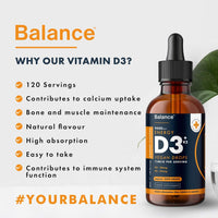Vitamin D3 + K2 Liquid Drops - Vegan - High Strength 2000iu D3 + 25mcg K2-2 Month Supply - 120 Servings - 9,000mcg 60ml Dropper Bottle - Sublingual for Fast Absorption - Made in UK by Balance