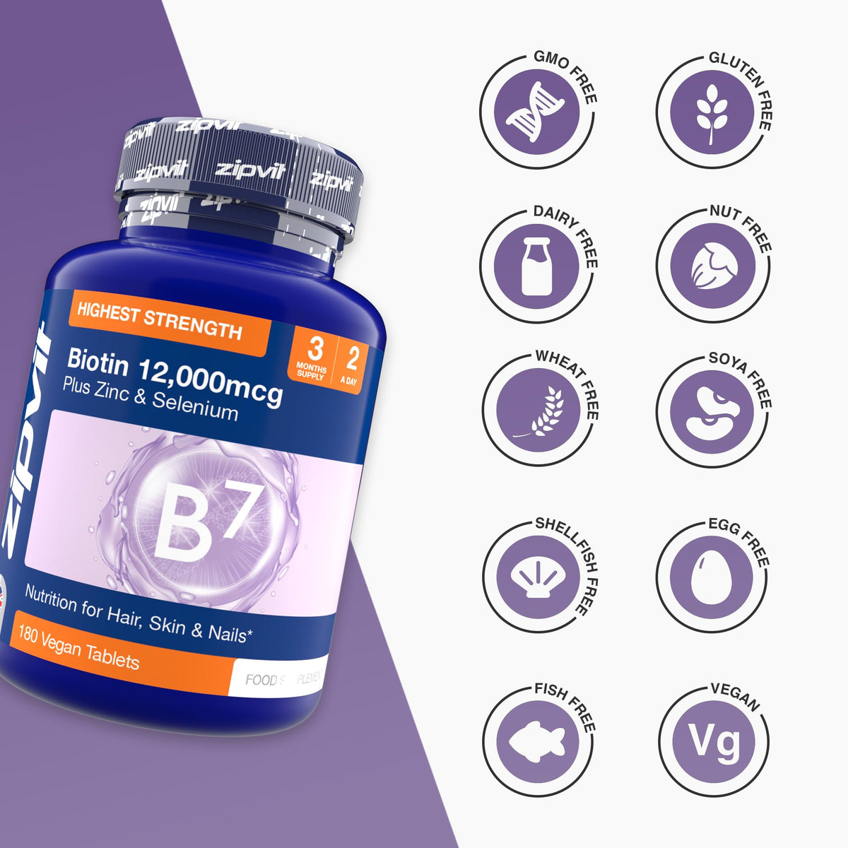 Zipvit Biotin Hair Skin & Nails Complex with Zinc & Selenium 12000mcg, 180 Vegan Tablets, High Strength Biotin for Men and Women