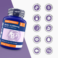 Zipvit Biotin Hair Skin & Nails Complex with Zinc & Selenium 12000mcg, 180 Vegan Tablets, High Strength Biotin for Men and Women