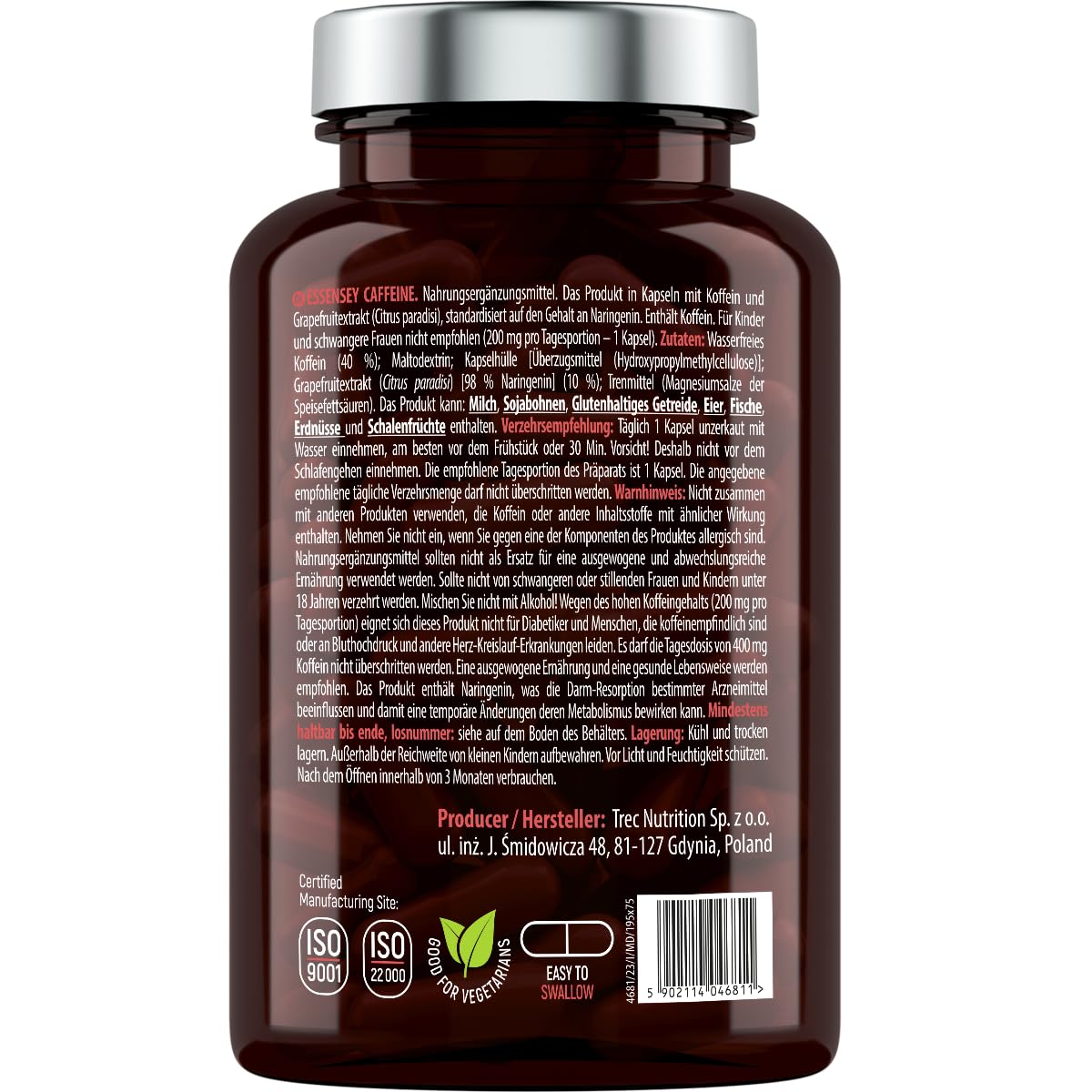 Essensey Caffeine 200mg Capsules - High Dose of Caffeine - Added Grapefruit Extract 50mg - Energise Your Day with a Natural Boost of Physical and Mental Performance - Dietary Supplement - 120 capsules