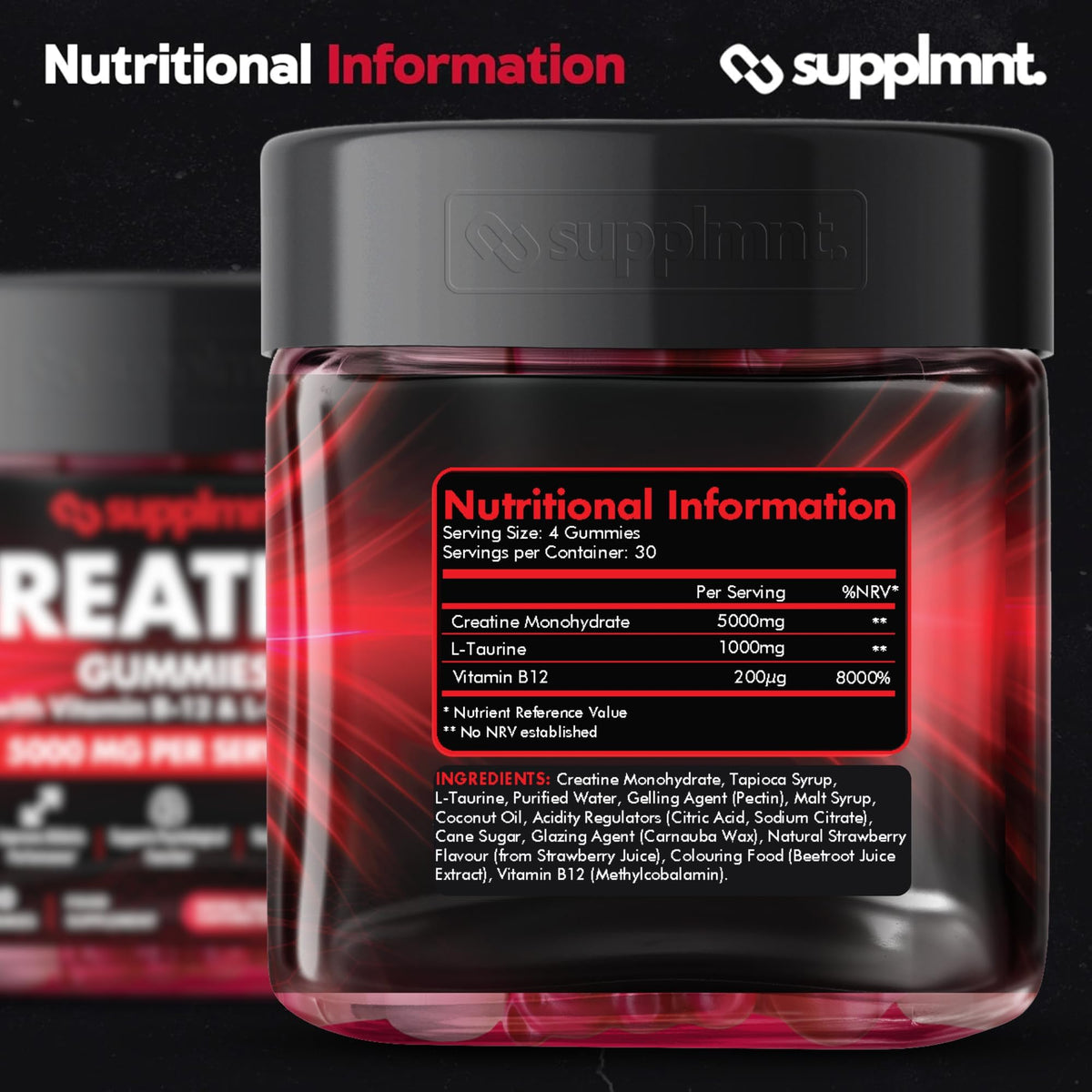 supplmnt. Supplmnt. Creatine 120 Gummies Max 5000mg for Men & Women Creatine Monohydrate Plus B12 and L-Taurine Chewable Gummies, 1 Month Supply (Single, Strawberry)