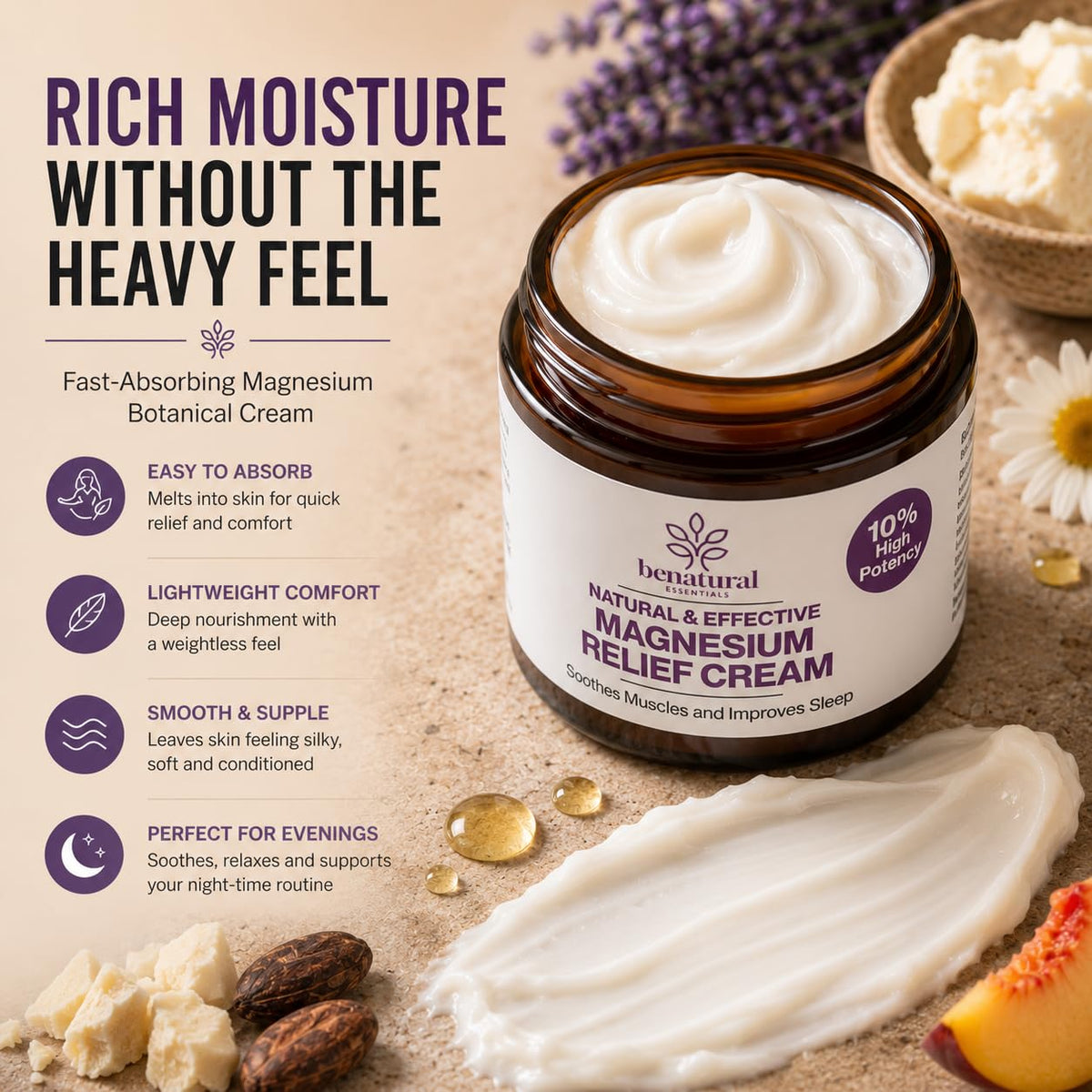 Benatural Essentials All Natural Magnesium Relief Cream 100g | Soothes Muscles & Improves Sleep | Made in the UK | pH Balanced