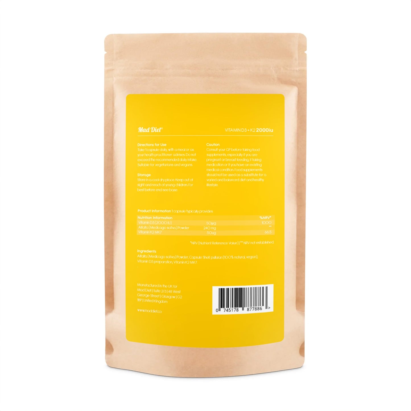 Mad Diet Vegan Vitamin D3+K2 | Zero Additives | Practitioner Quality | 2000IU Capsules | Locally Sourced |60 Capsules - 2 Month Supply | Trusted UK Brand | Immune