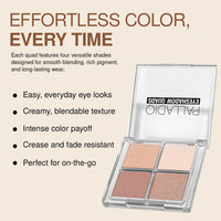 Palladio Eyeshadow Quads, Velvety Pigmented Blendable Matte, Metallic & Shimmer Finishes, Creamy Formula, Four Way Quad Eye Shadow Palette, Talc-Free (Party Rocker)