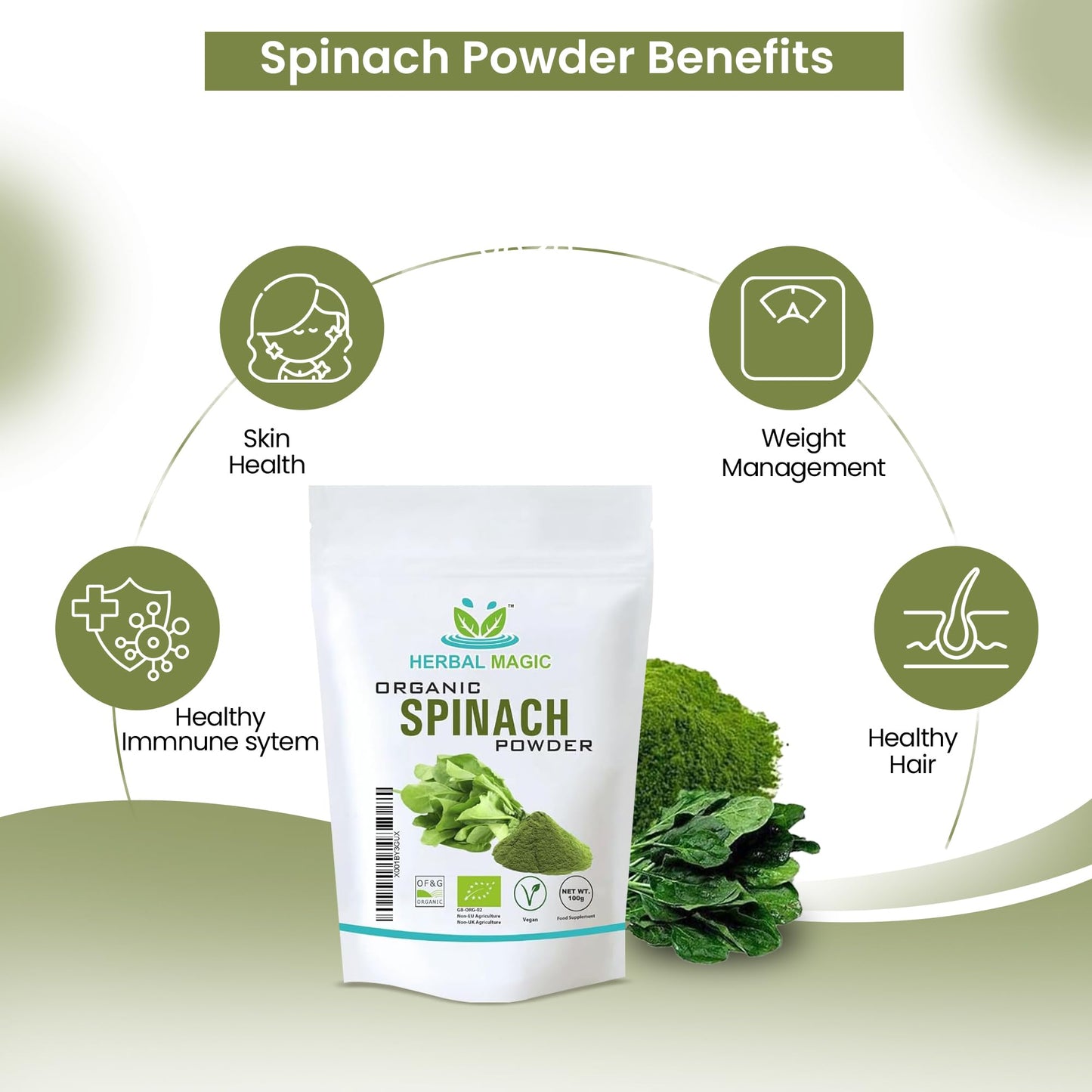 Herbal Magic's Organic Spinach Powder Green Superfood for Smoothies,Juice, Baking Free from Fillers & preservatives of&G Organic Certified (100g (Pack of 1))