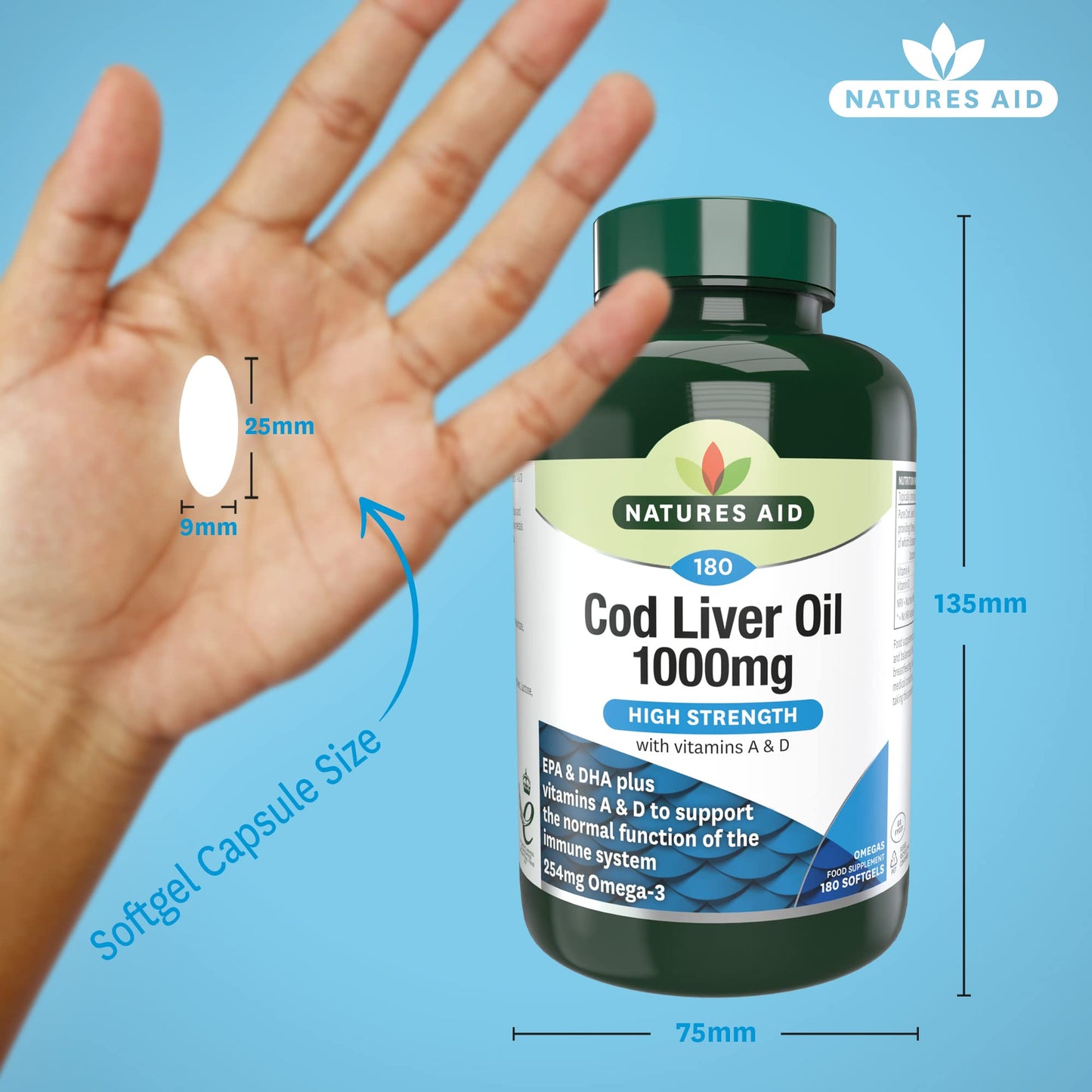 Natures Aid Cod Liver Oil 1000mg Softgels – High Strength Omega-3 Fish Oil with Vitamins A & D – Supports Immune System, Heart Health, Brain, Vision, Joints – Non-GMO – 180 Capsules