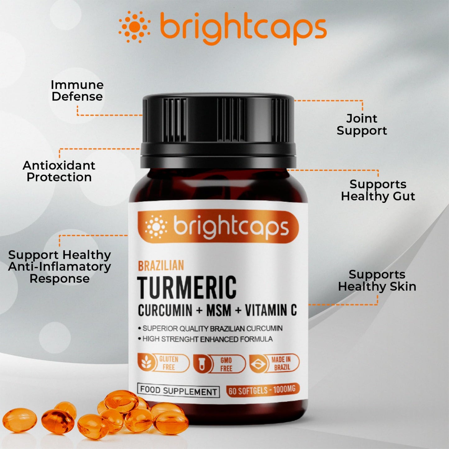 Brightcaps MSM (Methylsulfonylmethane) with Turmeric Full Spectrum Curcumin (95% Curcuminoids) & Vitamin C | Joint Care Support | 1000mg Sofgels