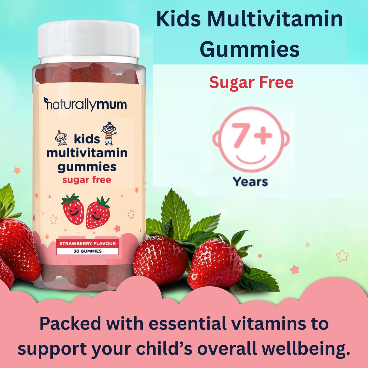 NaturallyMum Kids Multivitamin Gummies | for Children | Vegan Friendly | 30 Chewable Gummies | with Vitamins A, D, E, B6, B12, C | Sugar Free | Strawberry Flavour | 30-Day Supply