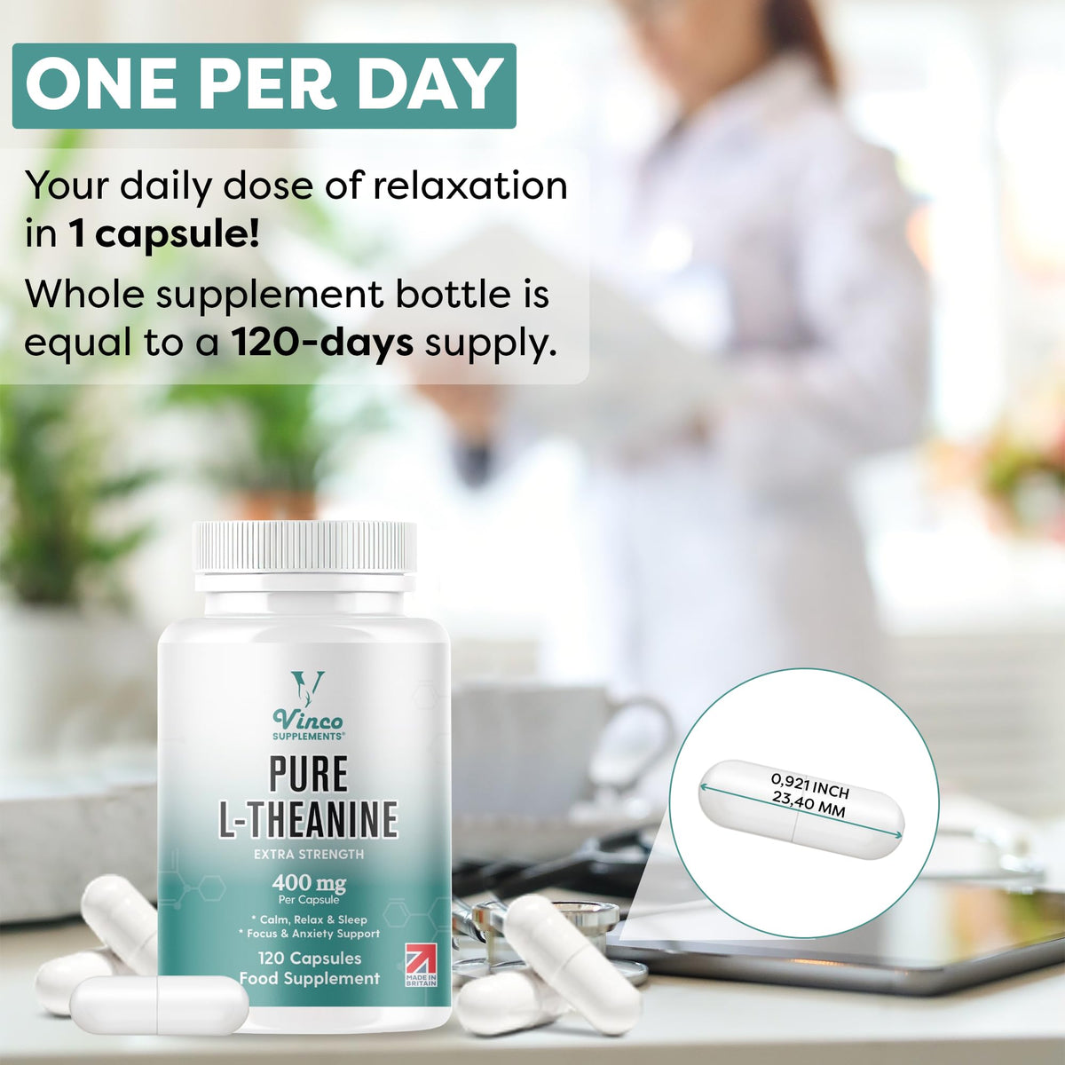 Vinco Supplements Vinco L-Theanine Supplement - 400mg x 120 High Strength L Theanine Capsules - 99%+ Purity - Supports Sleep & Relaxation - Non-GMO & Gluten Free - Made in The UK