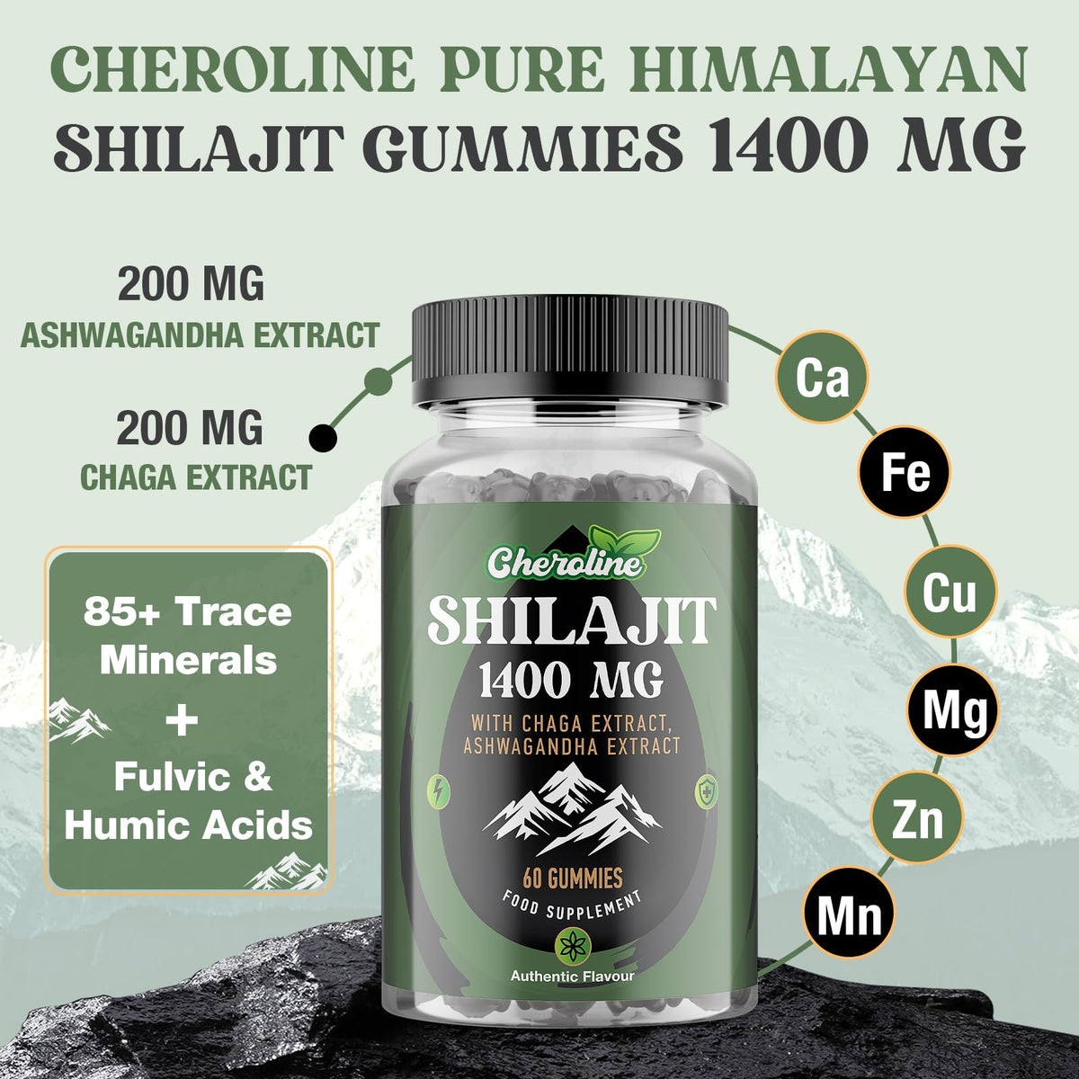 Cheroline Shilajit Gummies 1400mg, Pure Himalayan Shilajit with Chaga and Ashwagandha, 85+ Trace Minerals, Rich in Fulvic Acid, for Energy & Immune, Sugar-Free, Vegan (60 Count (Pack of 2))