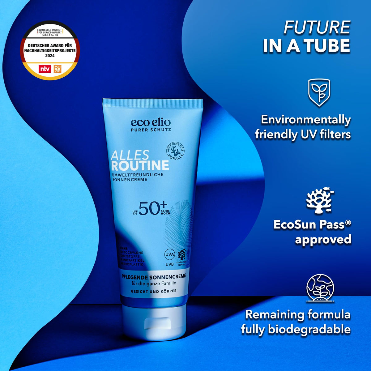 ecoelio eco elio SPF 50+ Face & Body Sunscreen – 200ml "Routine Affair" | Natural Face Sun Cream | Reef Safe, Fragrance-Free, No Octocrylene or Microplastics | Eco Skincare for Sensitive Skin I Organic