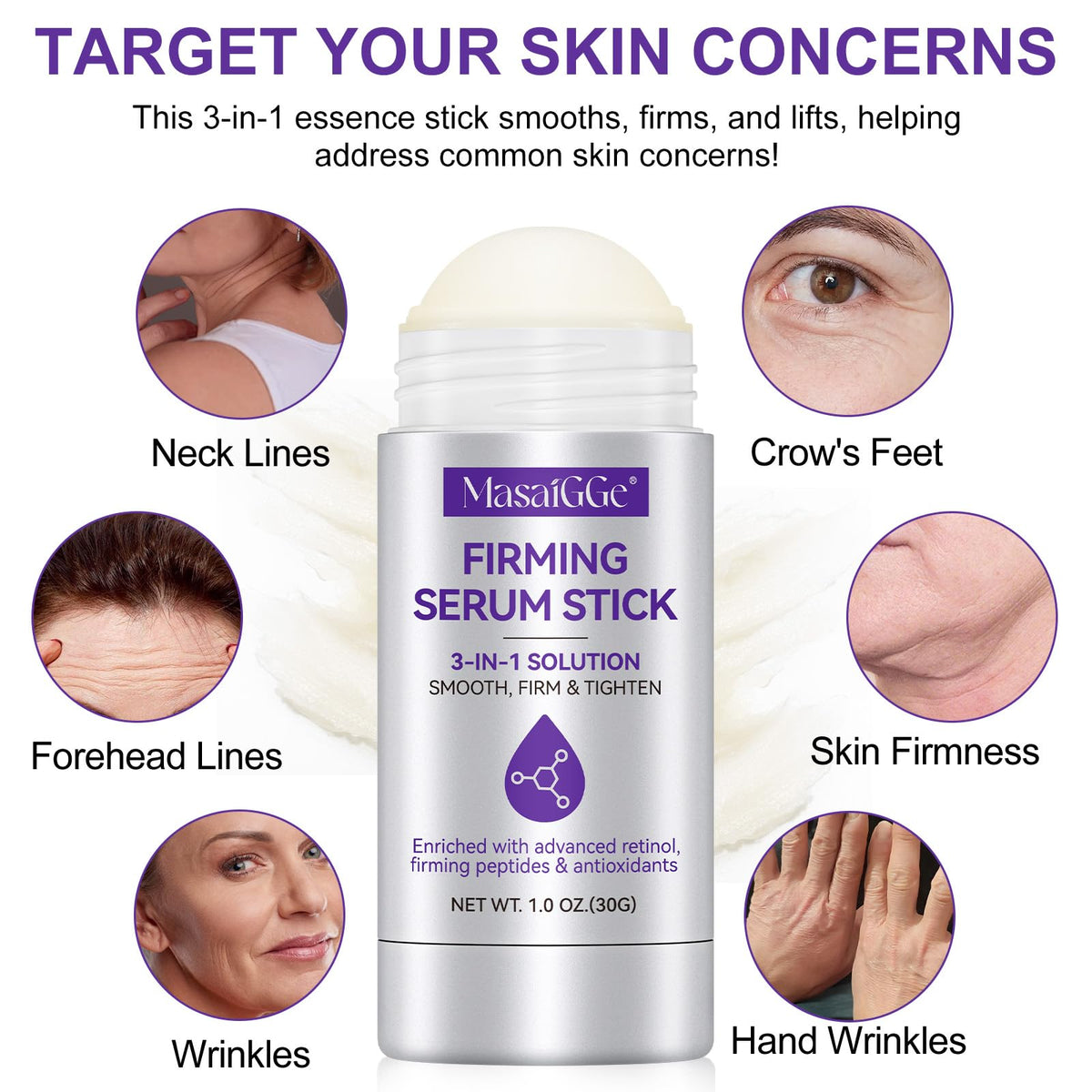 MASAIGGE Retinol Firming Serum Stick, Collagen Peptides Firming Serum Stick, Anti Aging Peptides Cream Stick, Retinol Stick for Tightening Sagging Skin, Reduces Wrinkles & Lines, Improves Skin Elasticity (2PC)