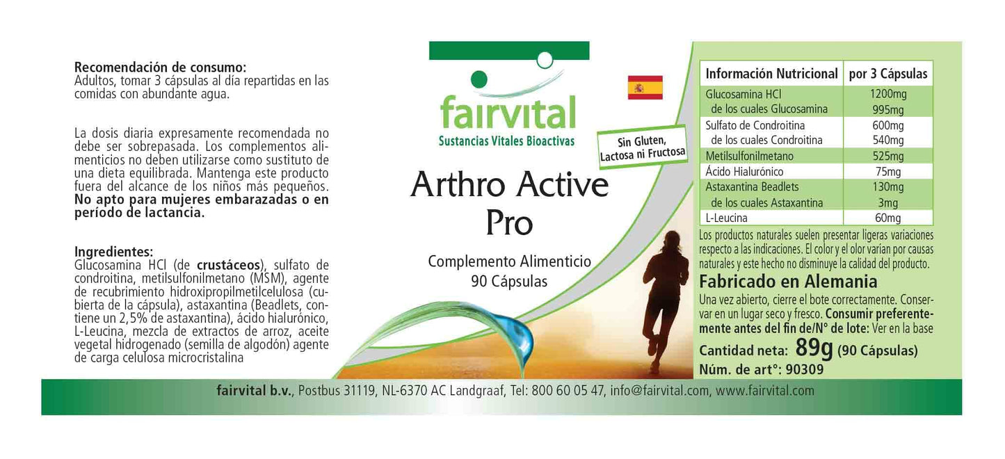 Fairvital | Arthro Active Pro - Glucosamine 1200 mg per Daily dose with chondrotin sulfate and MSM + hyaluronic Acid + astaxanthin - HIGH-Dosage - 90 Capsules - German Quality