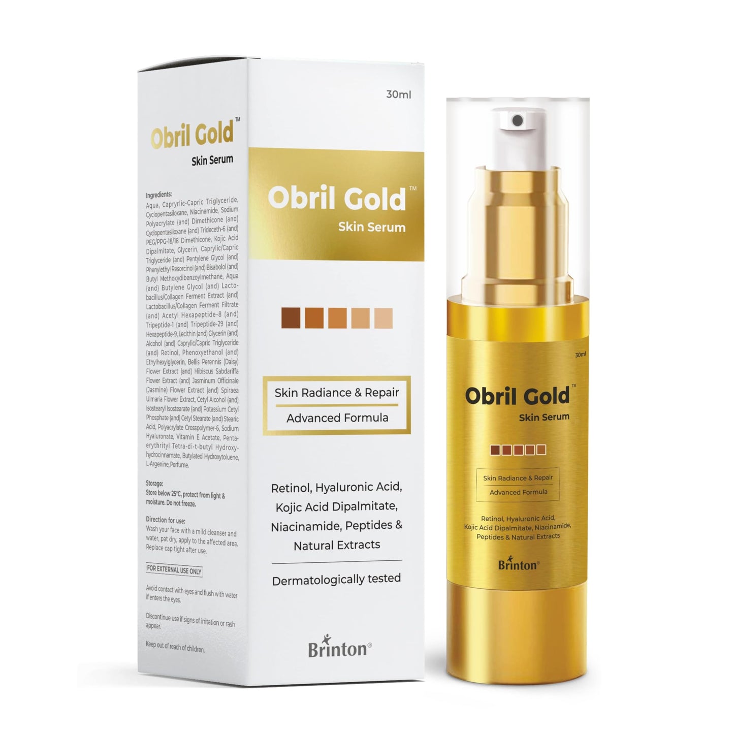Brinton Obril Gold Skin Serum for Hyperpigmentation with Hyaluronic Acid for Dark Spot Removal, Tan & Acne Marks | Reduces Wrinkles & Fine Lines |Boosts Glow | For Men & Women - 30ml