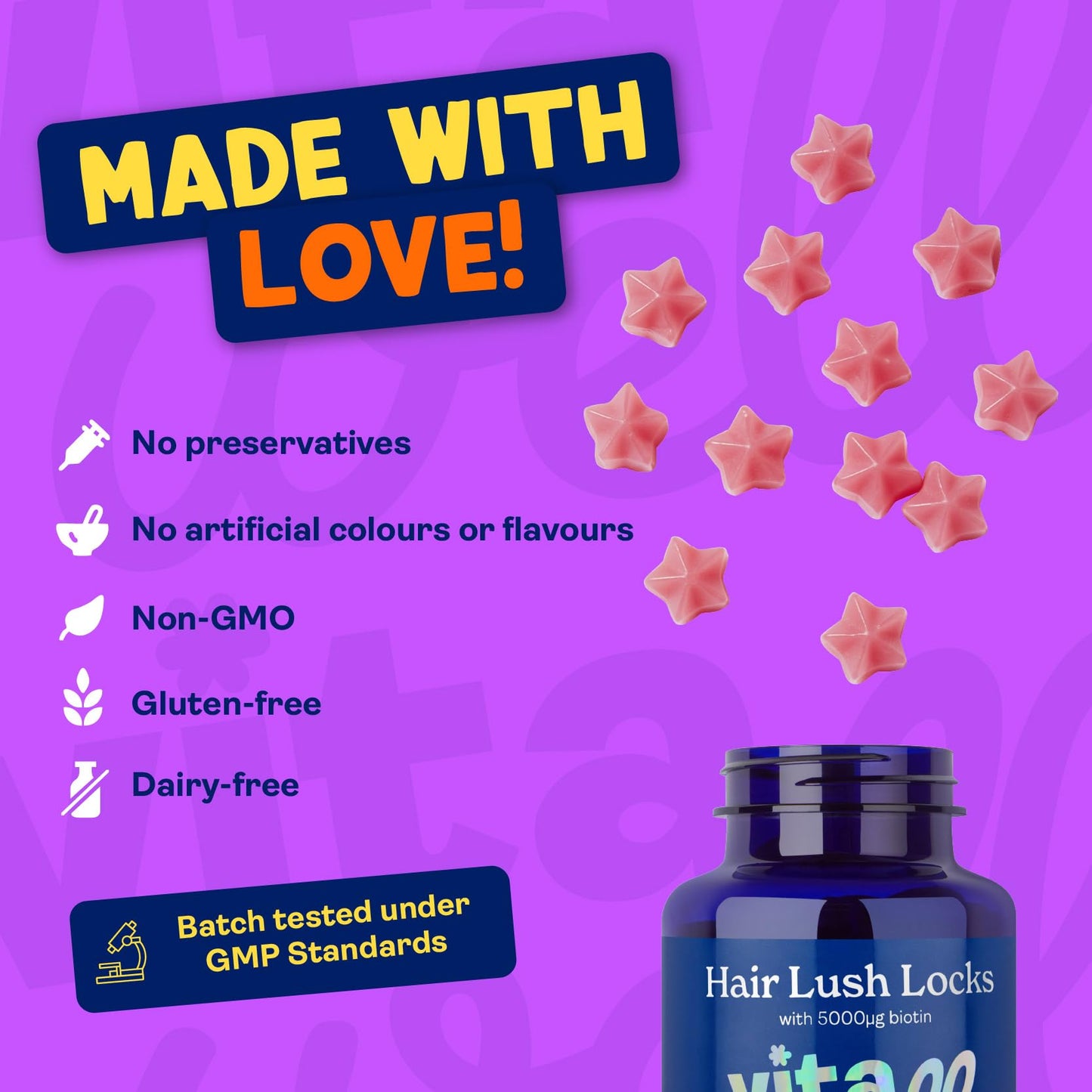 Vitawell Hair Lush Locks Gummies - Hair Growth + Skin + Nails Vitamins Chews | Complex Formula 5000µg Biotin + Zinc + Vitamin A, D3, C, B12 | 60 Berry Burst Flavour | Supplement for Men & Women