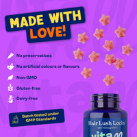 Vitawell Hair Lush Locks Gummies - Hair Growth + Skin + Nails Vitamins Chews | Complex Formula 5000µg Biotin + Zinc + Vitamin A, D3, C, B12 | 60 Berry Burst Flavour | Supplement for Men & Women