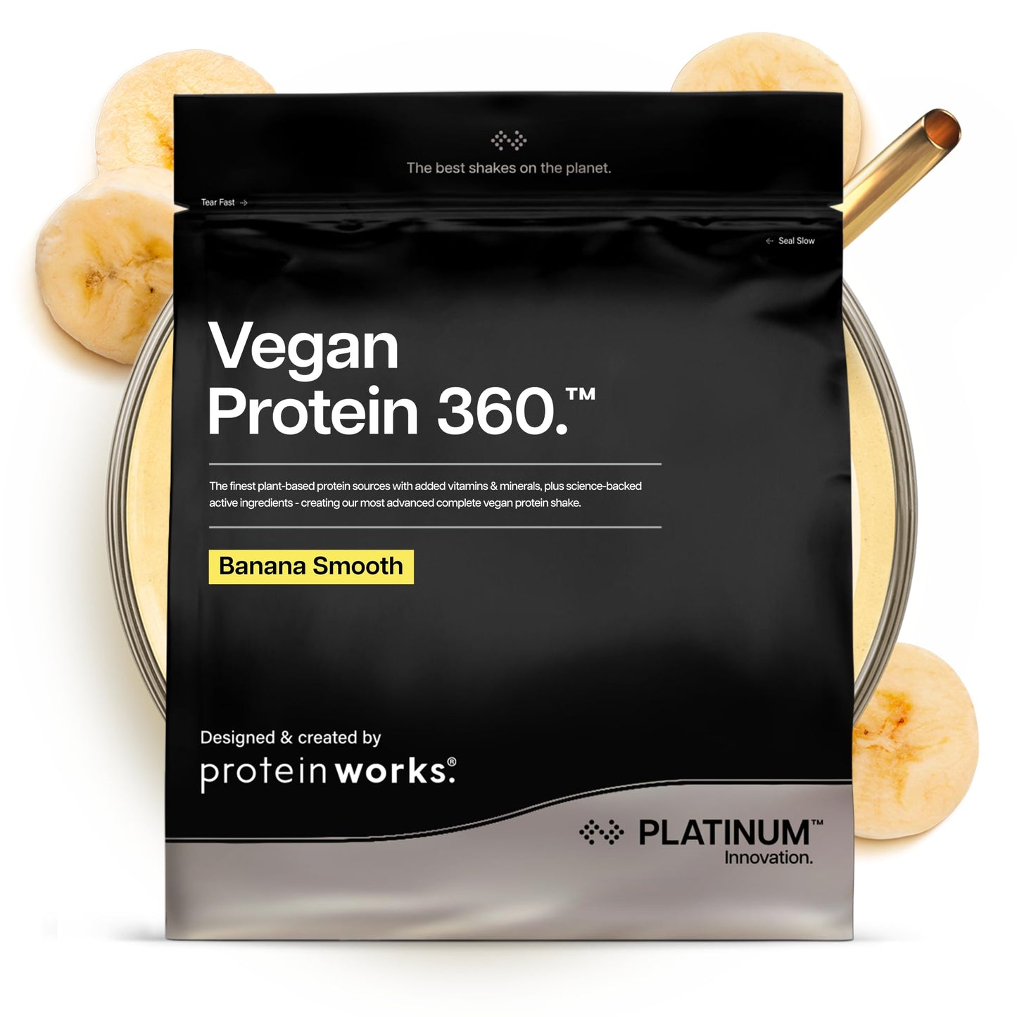 Protein Works | Vegan Protein 360 - Platinum Innovation, Premium Vegan Protein Powder, Plant-Based Protein Shake, Essential Vitamins & Minerals, Low Sugar, Banana Smooth, 14 Servings, 500g