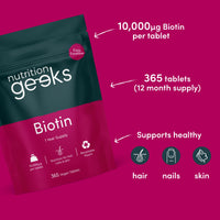 Nutrition Geeks Biotin Hair Growth Supplement - 1 Year Supply High Strength Biotin 10,000mcg Per Tablet, Hair Skin and Nails Vitamins for Women & Men, 365 Vegan Biotin Tablets - Easy to Swallow UK Made Hair Vitamins
